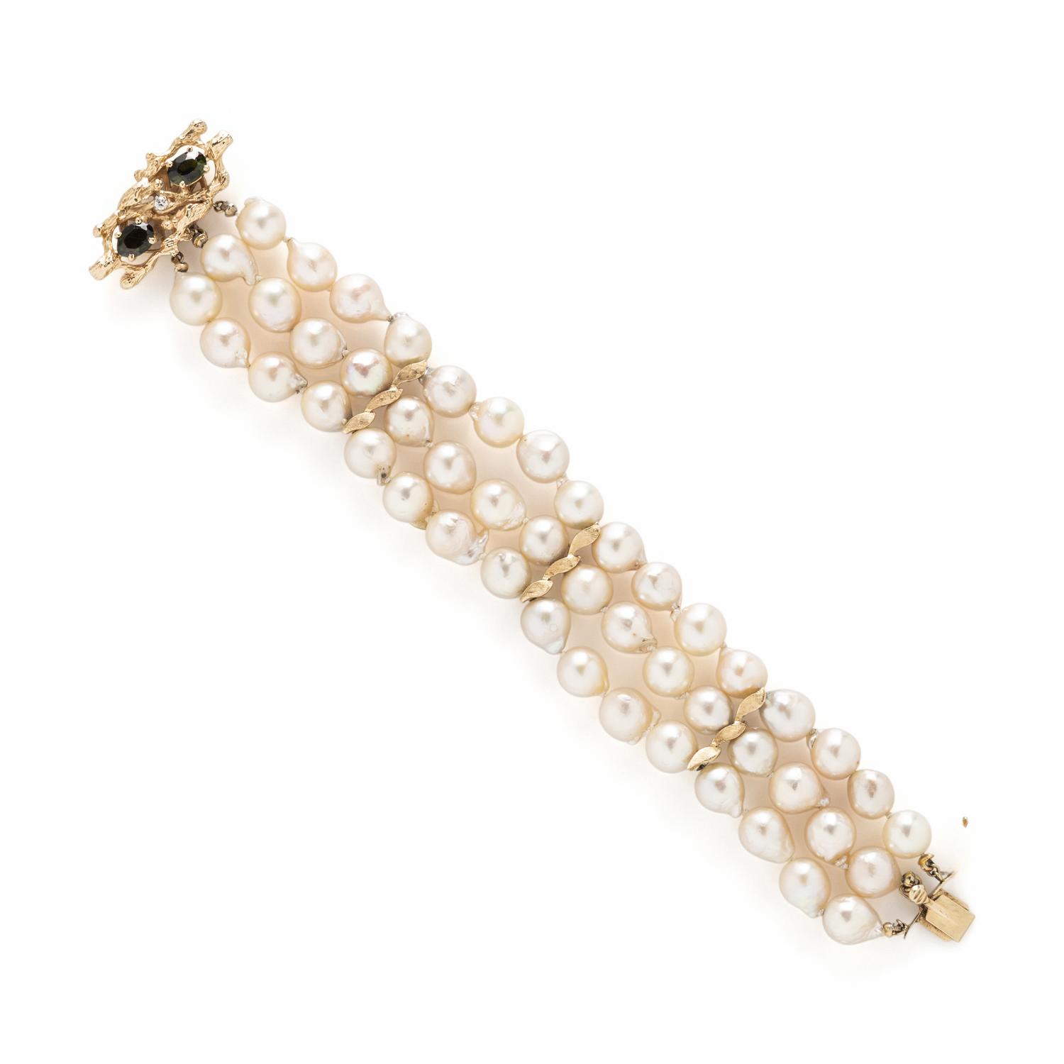 Cultured Pearl, Tourmaline, and Yellow Gold Bracelet