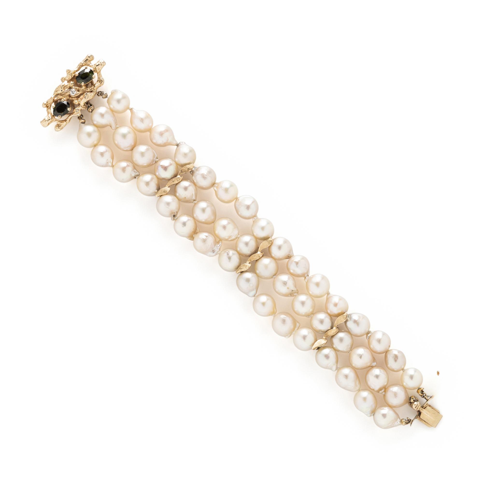 Cultured Pearl, Tourmaline, and Yellow Gold Bracelet