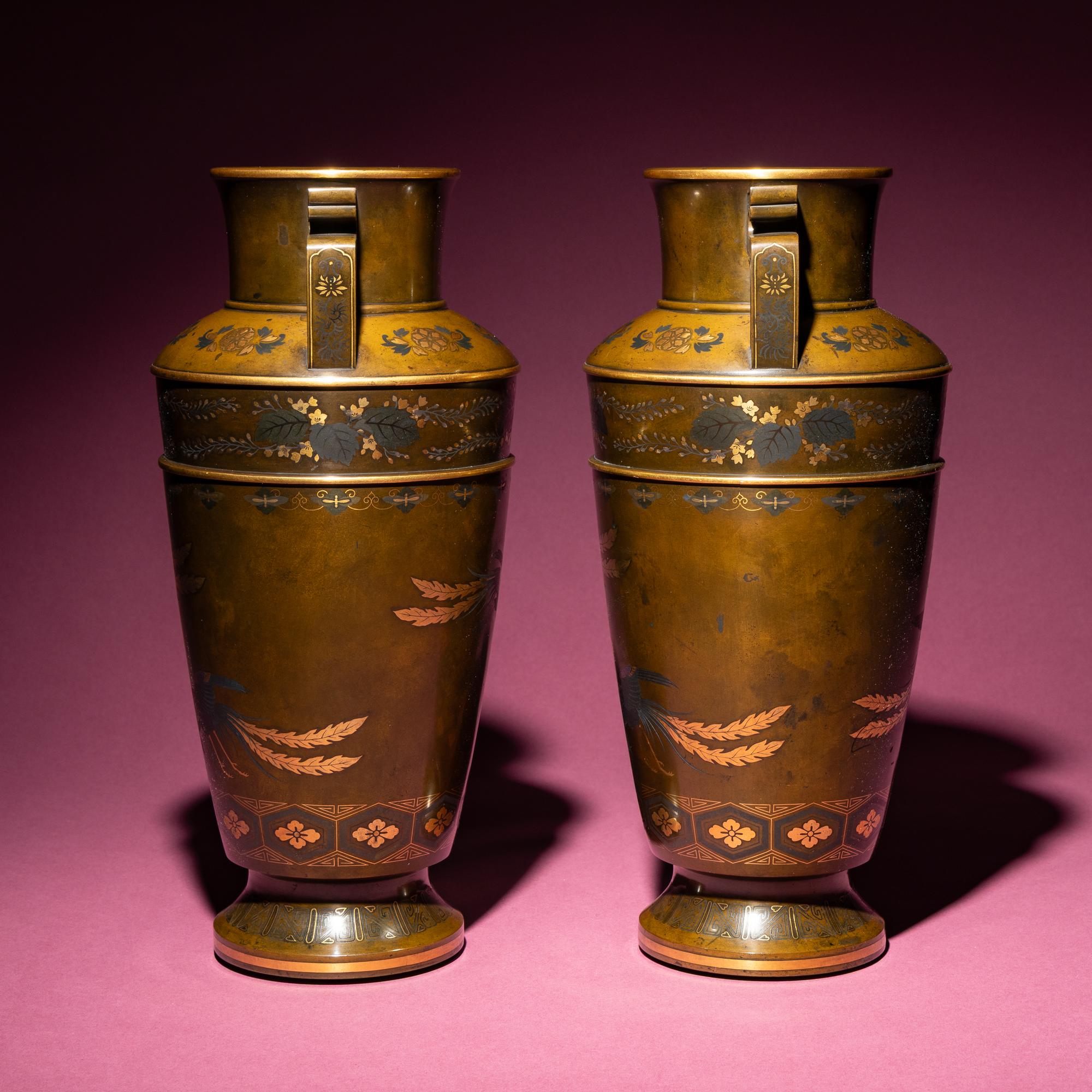 A Pair of Japanese Bronze and Mixed Metal Vases, 20th Century — 近代 日本金工鳳紋賞瓶一對