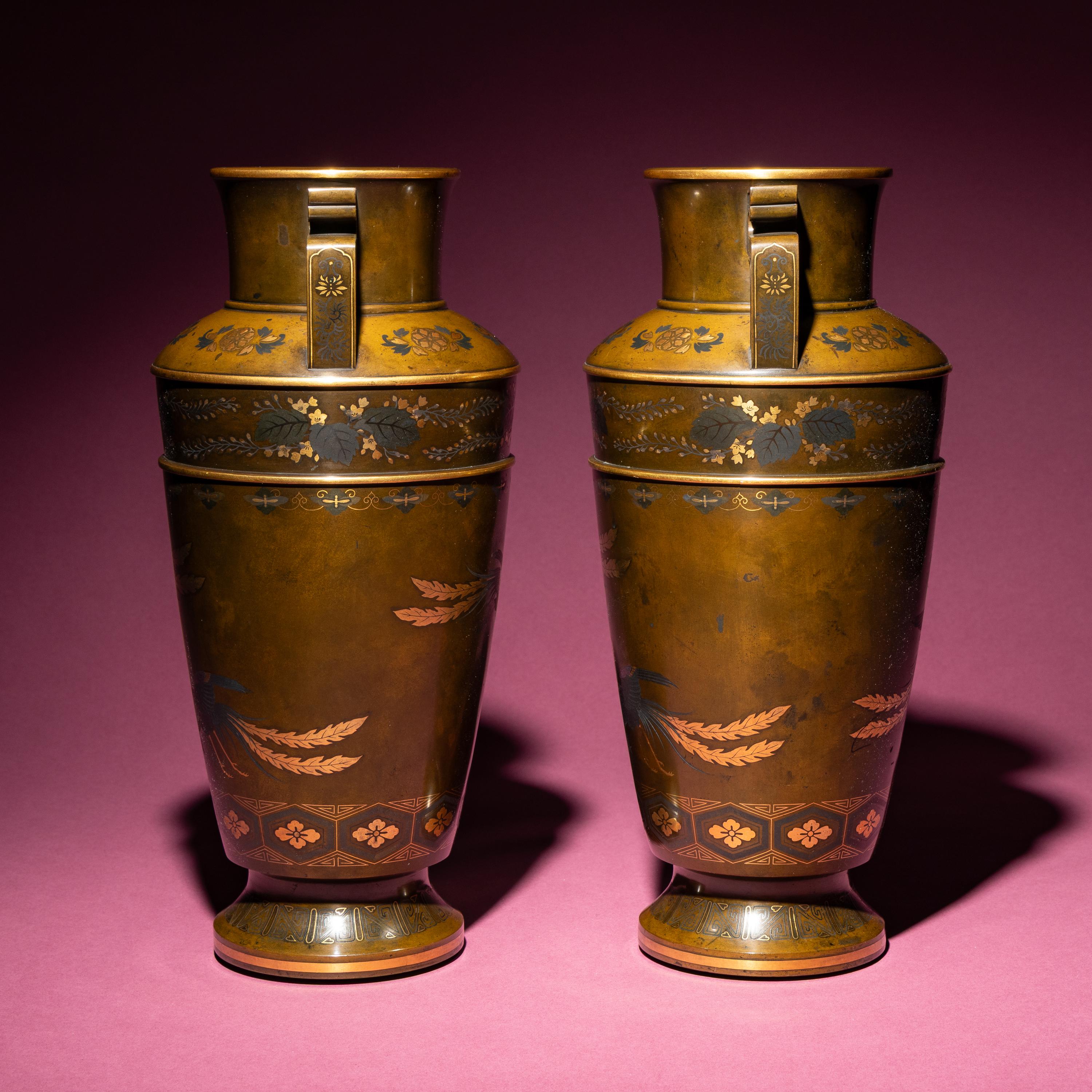 A Pair of Japanese Bronze and Mixed Metal Vases, 20th Century — 近代 日本金工鳳紋賞瓶一對