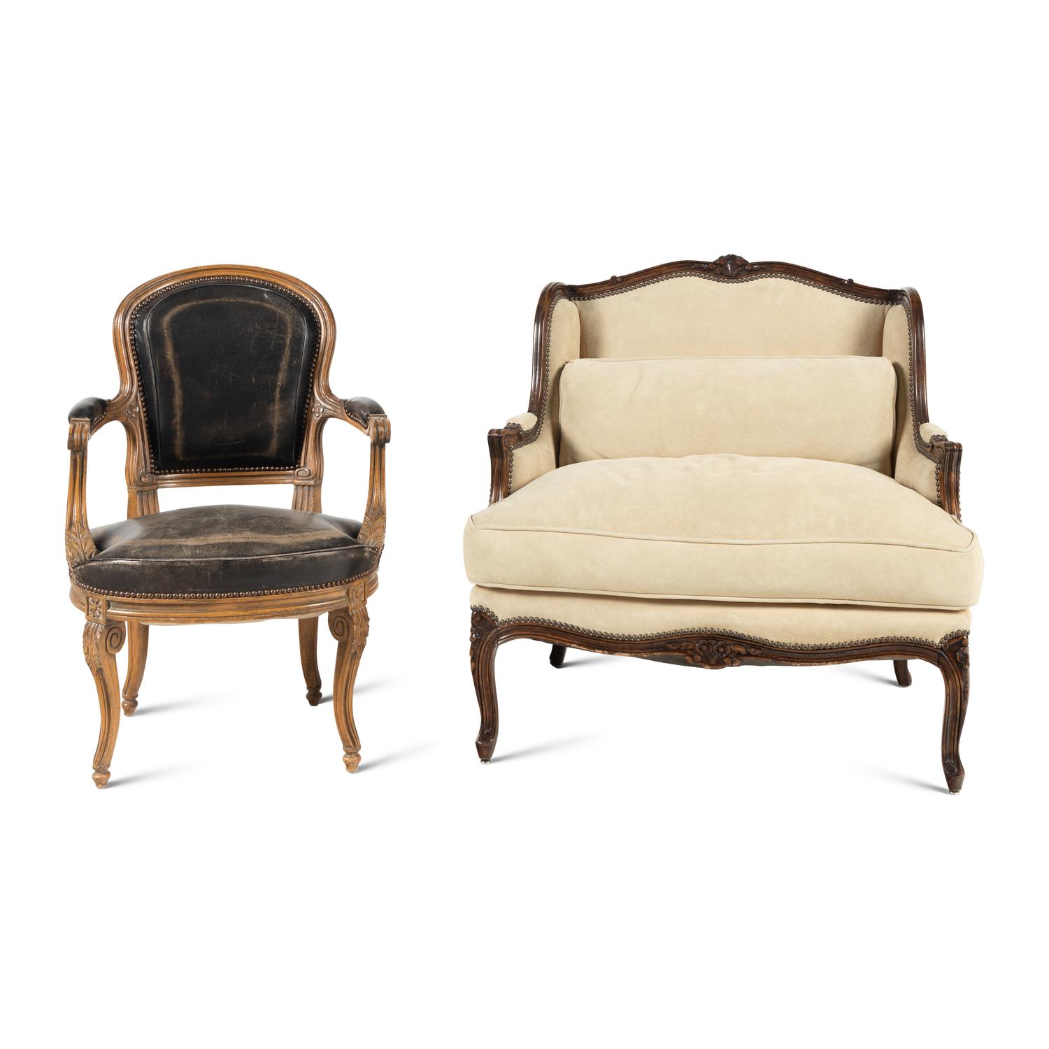 A Louis XV Style Suede Upholstered Bergere a la Reine