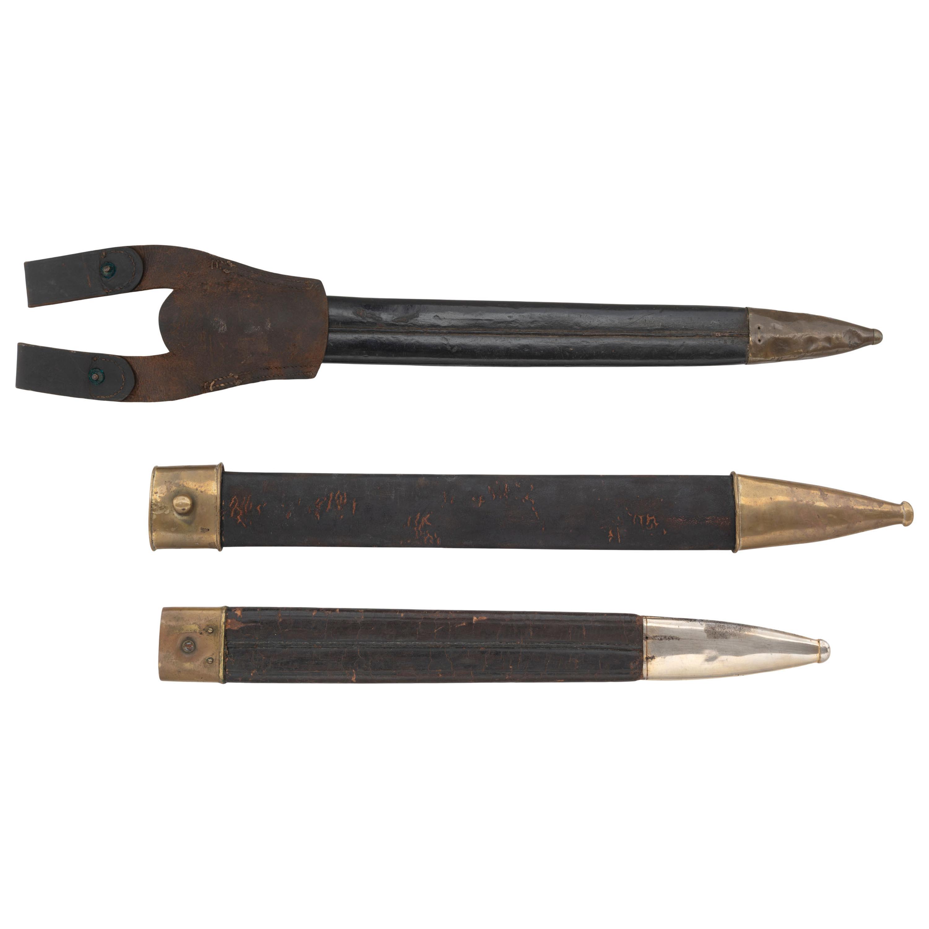 Three Brass Mounted Leather Scabbards for Short Swords