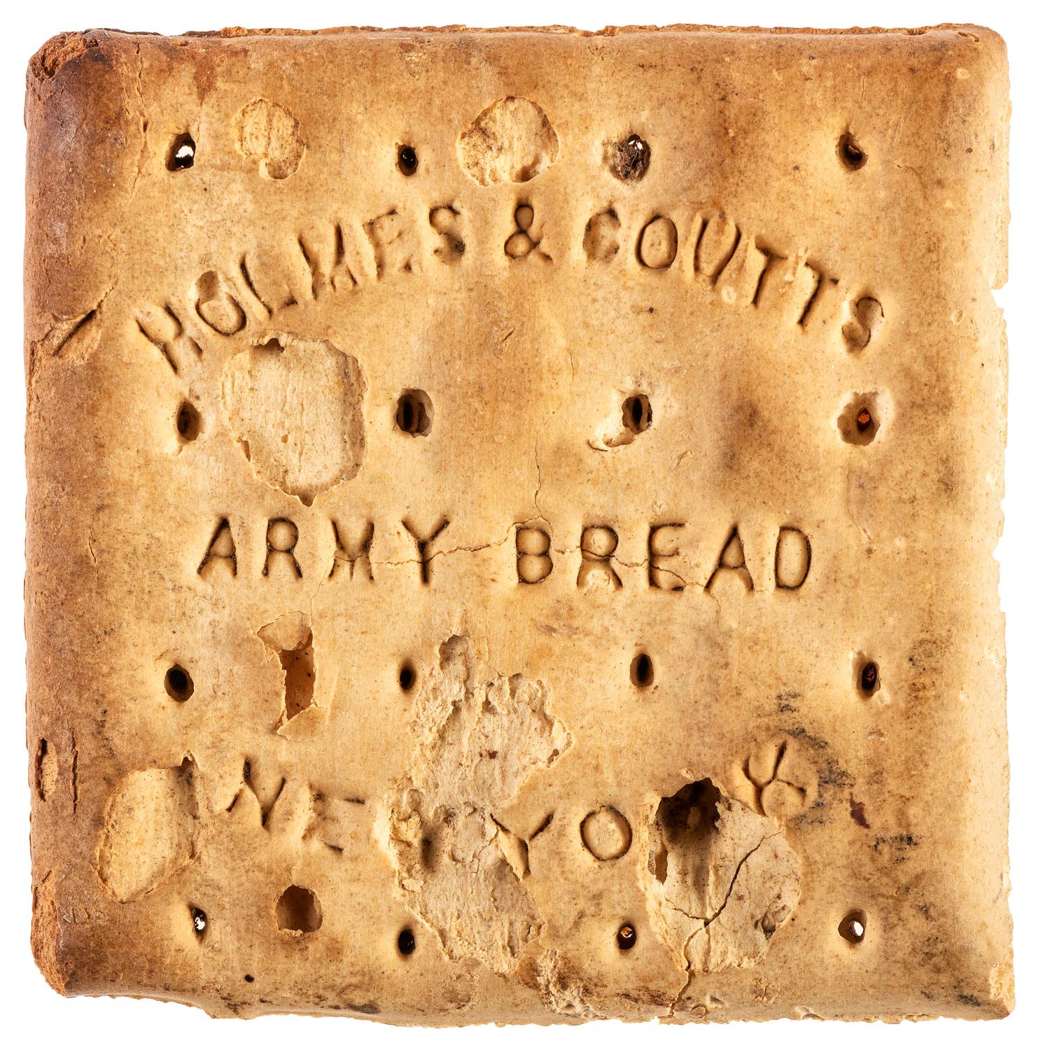 Civil War hardtack with manufacturer’s stamp, "Holmes & Coutts Army Bread," New York.