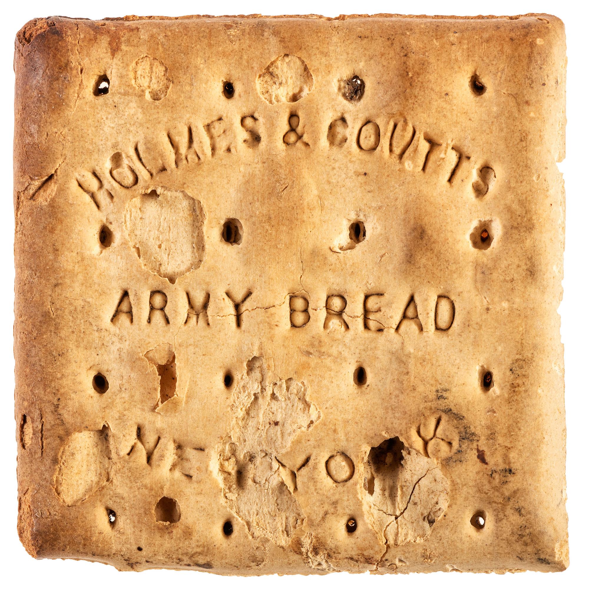 Civil War hardtack with manufacturer’s stamp, "Holmes & Coutts Army Bread," New York.