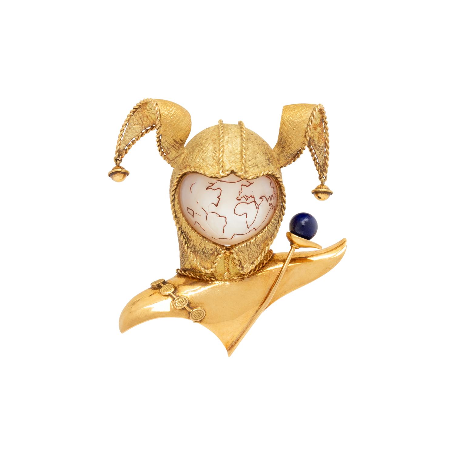 CHAUMET, YELLOW GOLD, LAPIS LAZULI, AND MOTHER-OF-PEARL 'LE SPECTACLE DU MONDE' HARLEQUIN BROOCH