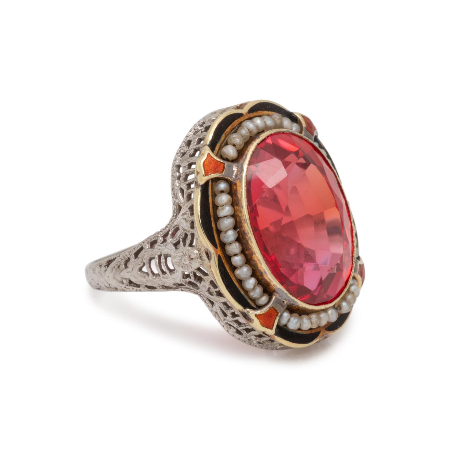 ANTIQUE, SYNTHETIC RUBY, SEED PEARL AND ENAMEL RING