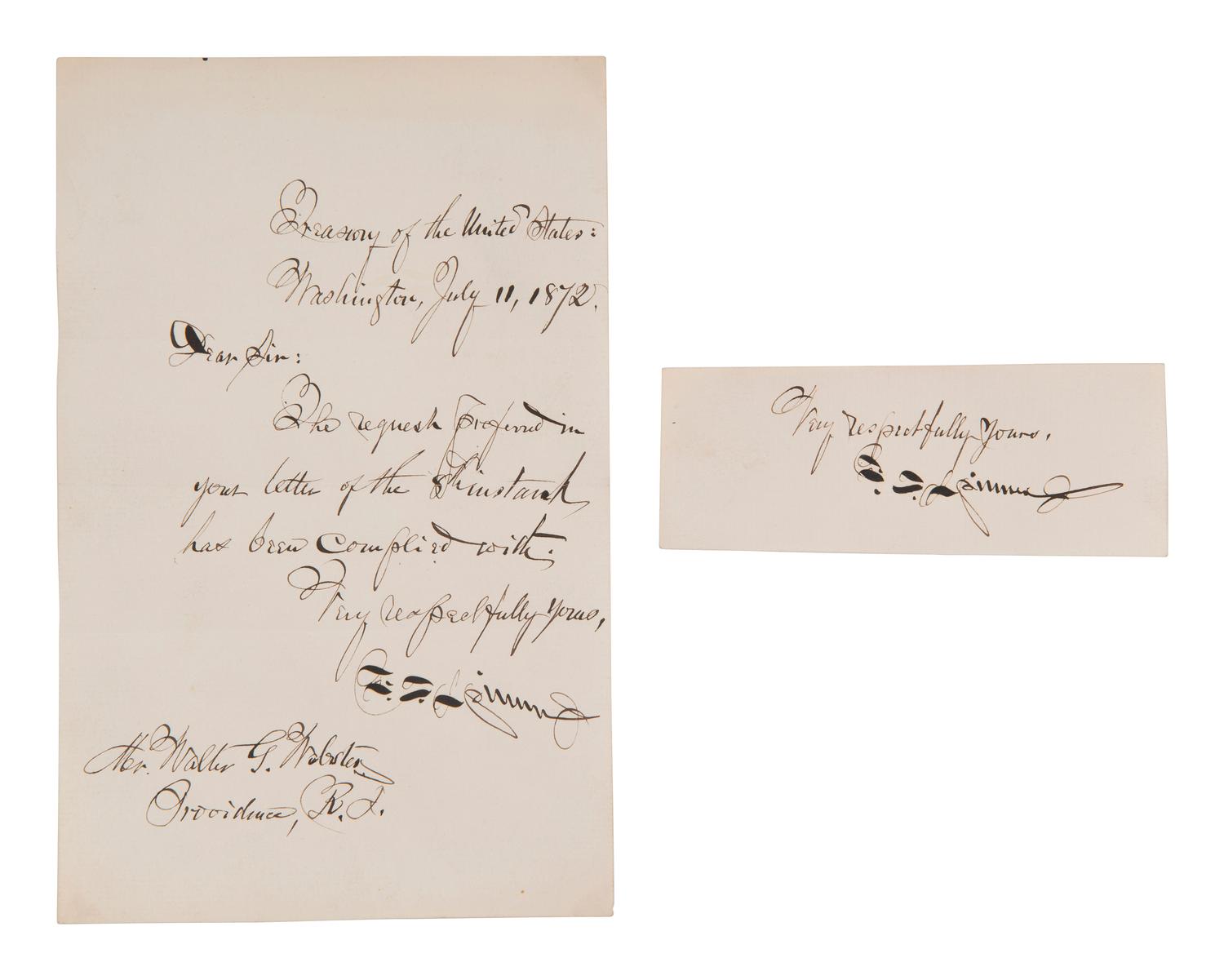 [POLITICS]. ARTHUR, Chester A. (1829-1886). Letter signed ("CA Arthur"). New York, 16 March 1880. [ With: ] clipped signatures of Presidents HAYES, ARTHUR, and CLEVELAND.
