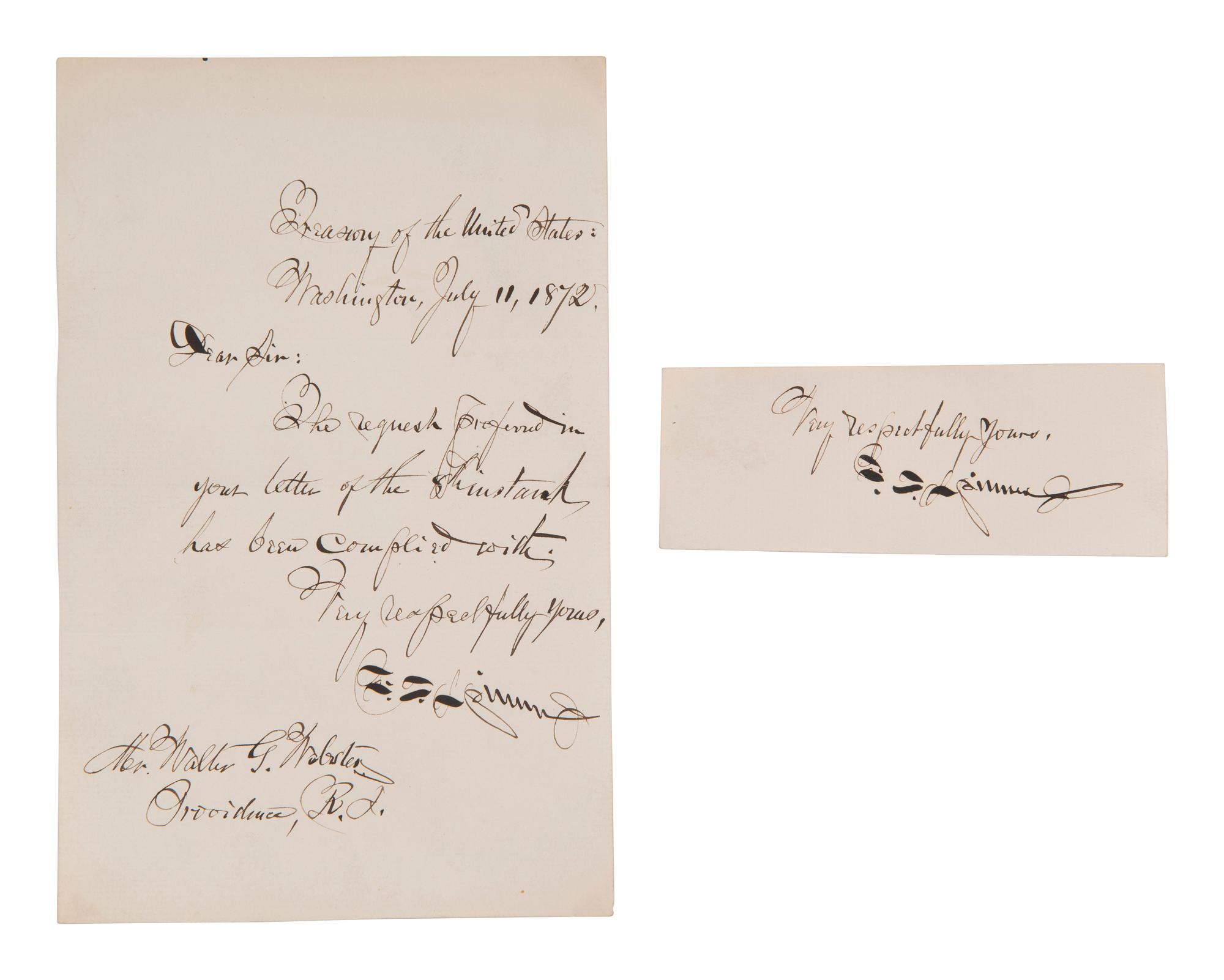 [POLITICS]. ARTHUR, Chester A. (1829-1886). Letter signed ("CA Arthur"). New York, 16 March 1880. [ With: ] clipped signatures of Presidents HAYES, ARTHUR, and CLEVELAND.