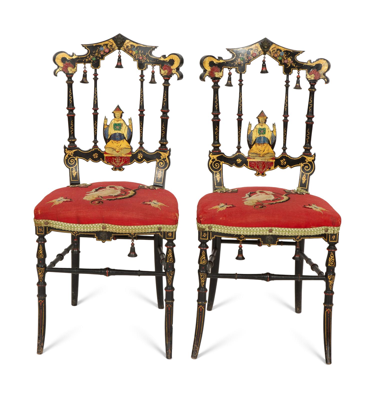 A Set of Four Black and Polychrome Chinoiserie-Decorated Chairs