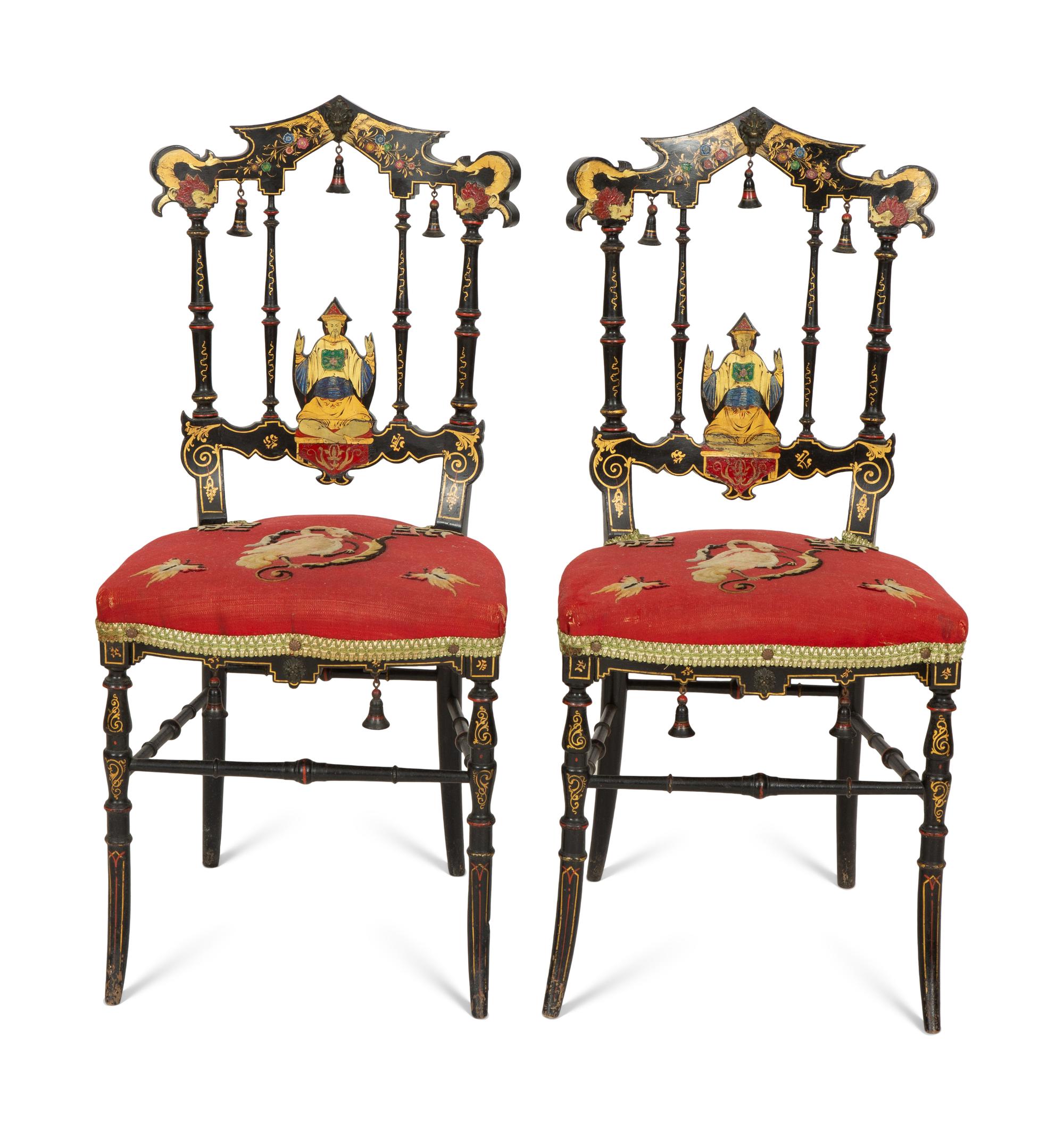 A Set of Four Black and Polychrome Chinoiserie-Decorated Chairs