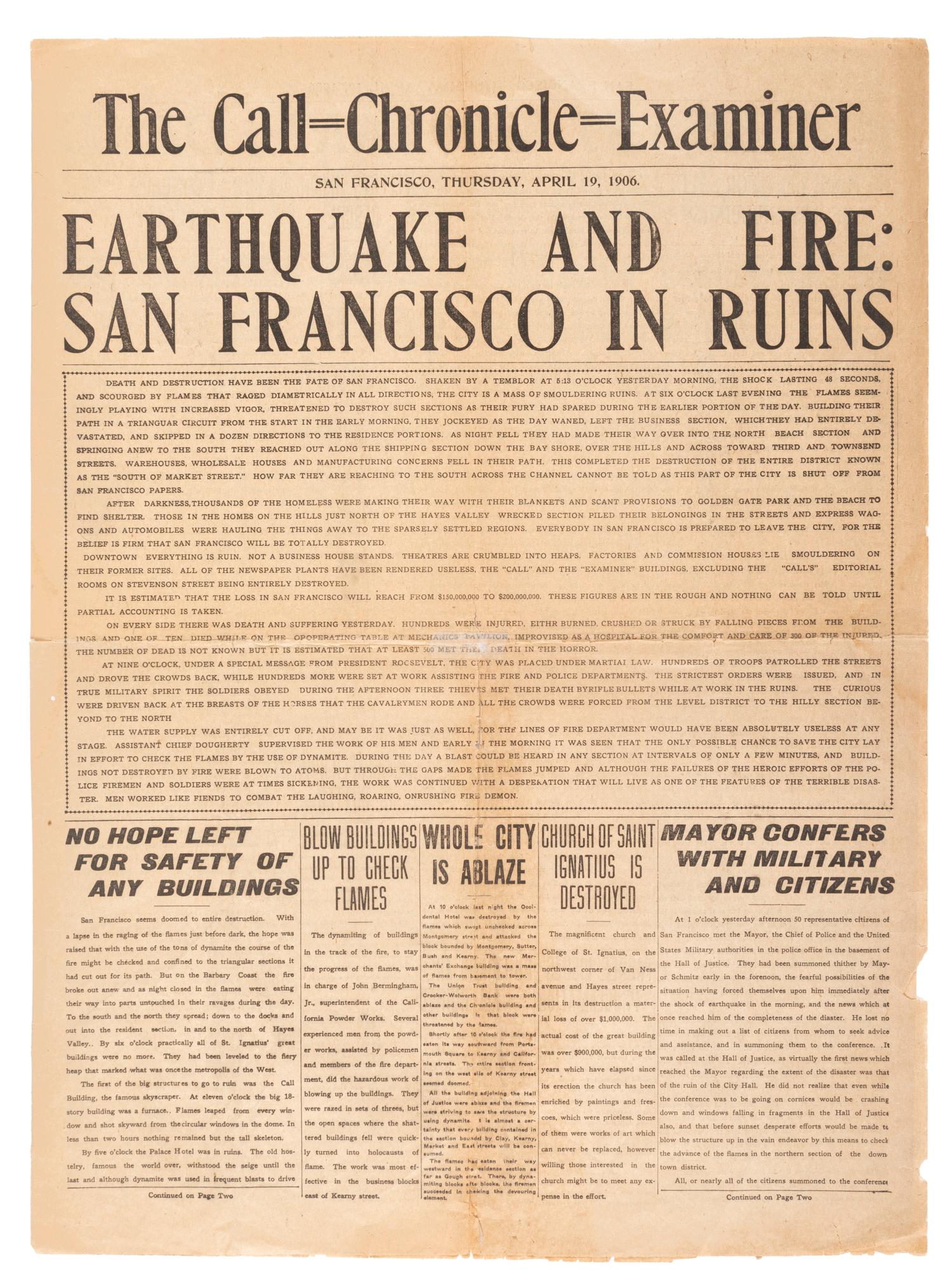[SAN FRANCISCO EARTHQUAKE]. The Call-Chronicle-Examiner . 19 April 1906.