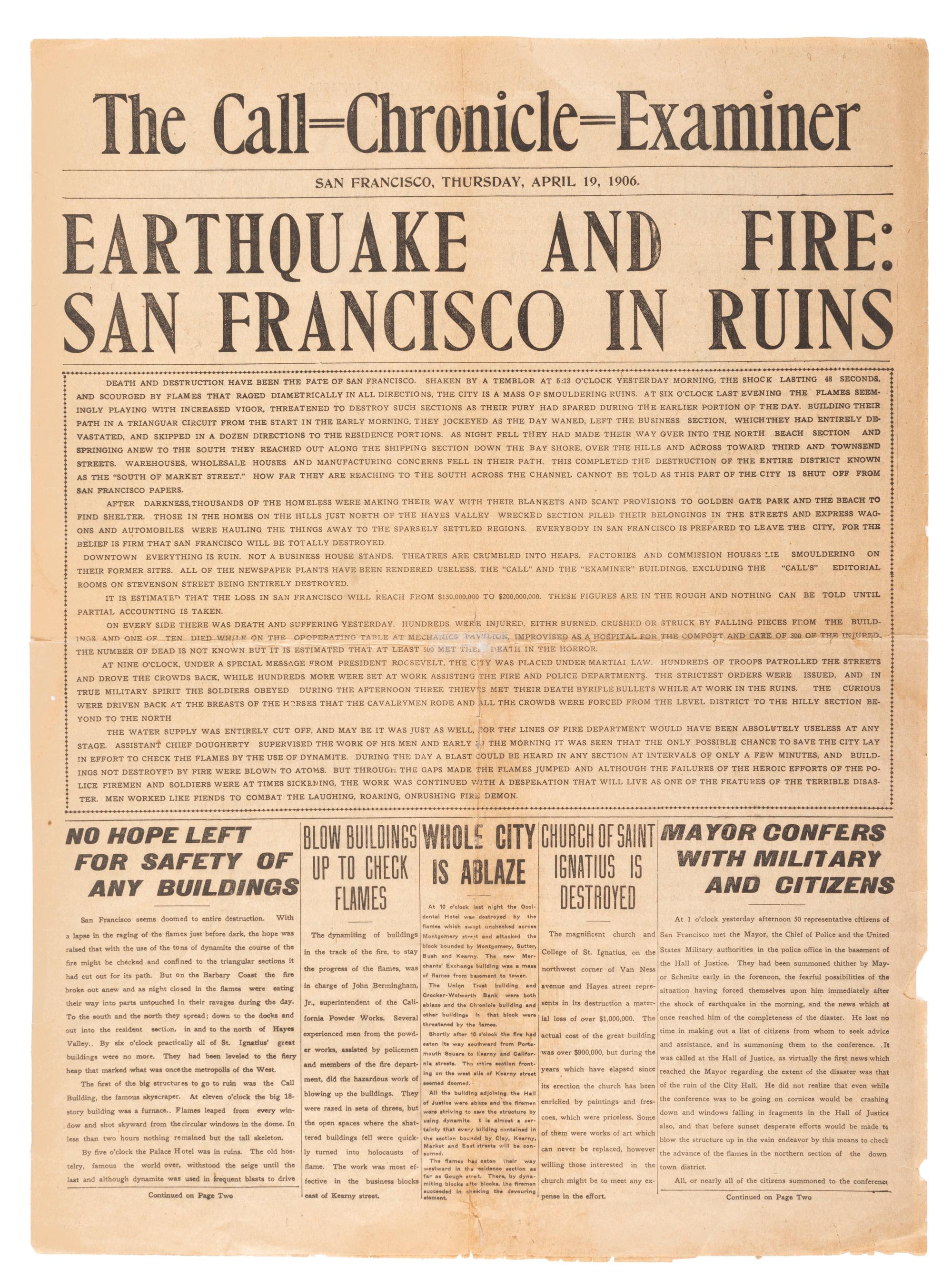 [SAN FRANCISCO EARTHQUAKE]. The Call-Chronicle-Examiner . 19 April 1906.