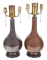 A Pair of Metallic Glazed Ceramic Table Lamps Height 16 inches.