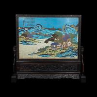 A Large Chinese Cloisonne Enamel and Carved Hardwood Wood Table Screen, 20th Century 近代 掐絲琺琅秋林書屋圖插屏