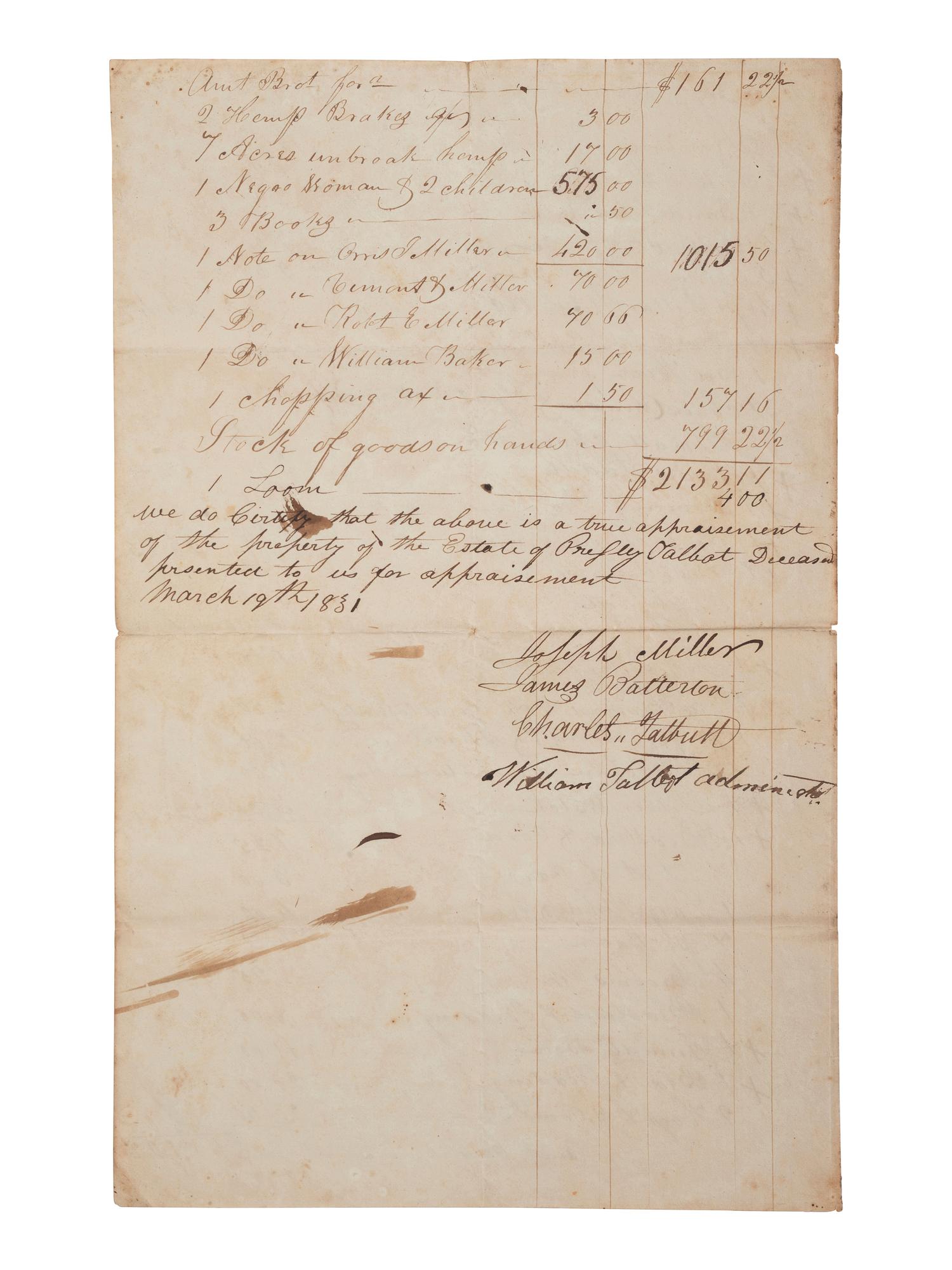 [ENSLAVEMENT & ABOLITION]. A group of 6 estate documents listing individual enslaved persons, most by name. [Bourbon County, KY]. 1831-1861.