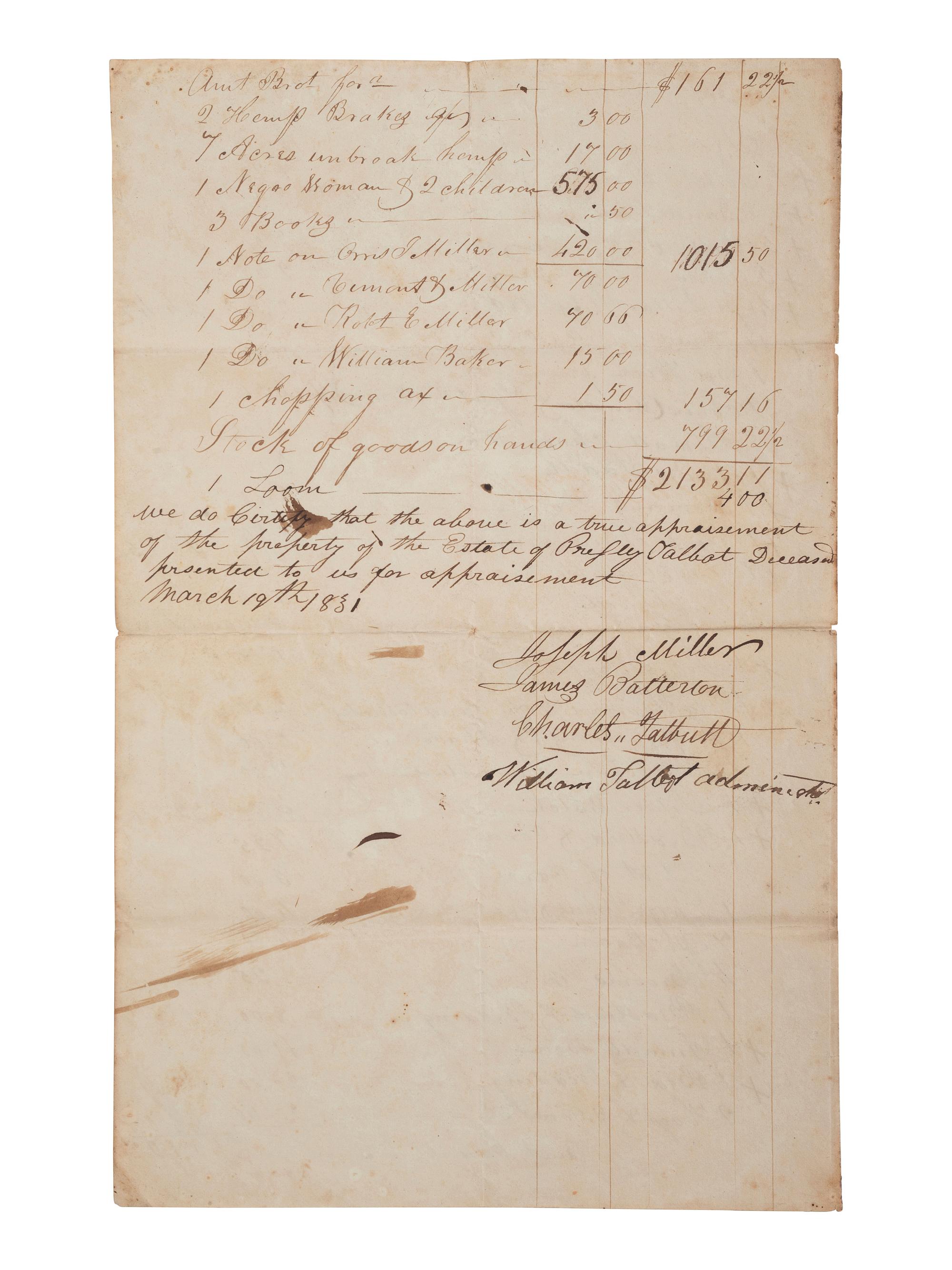 [ENSLAVEMENT & ABOLITION]. A group of 6 estate documents listing individual enslaved persons, most by name. [Bourbon County, KY]. 1831-1861.