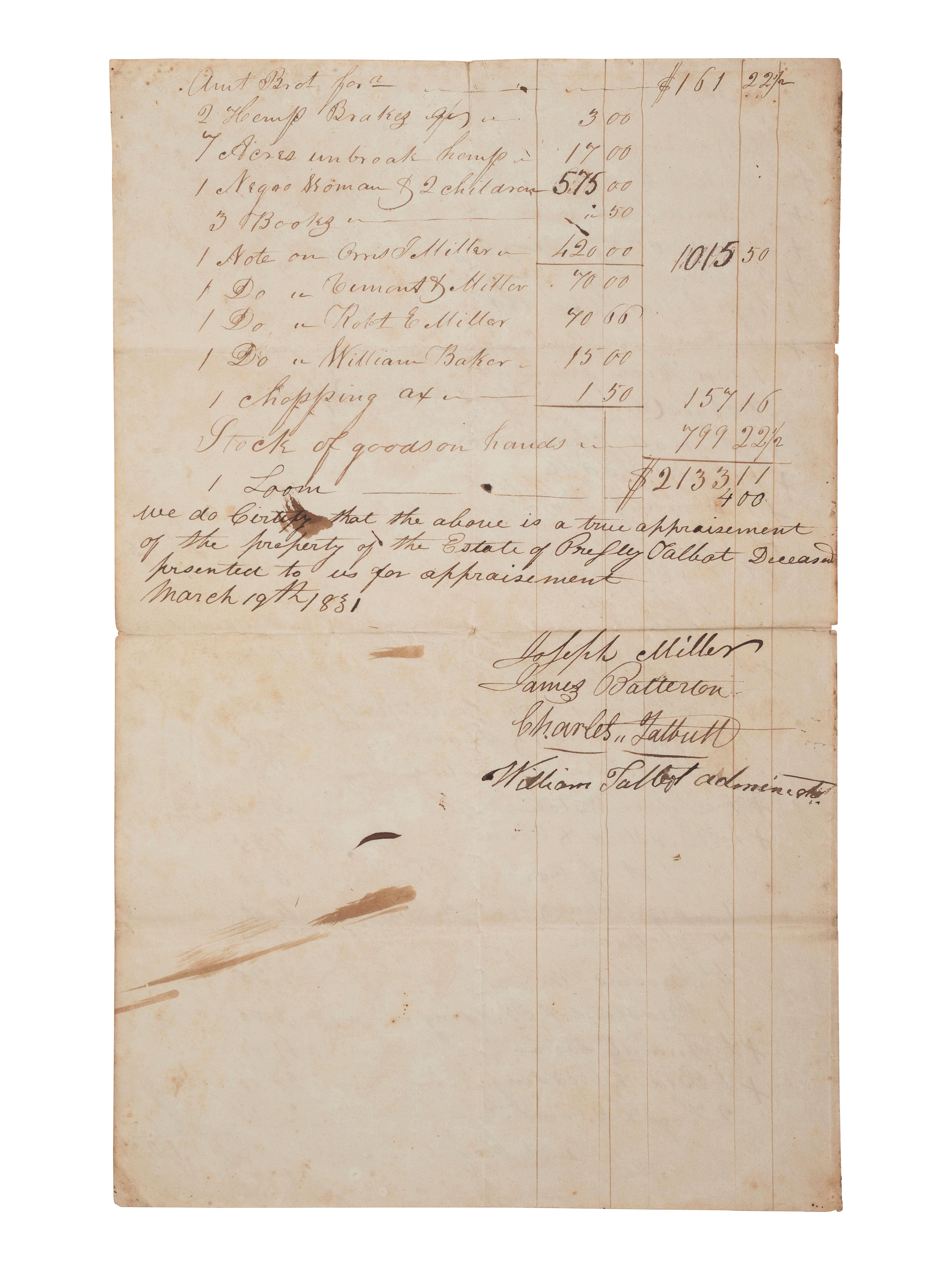 [ENSLAVEMENT & ABOLITION]. A group of 6 estate documents listing individual enslaved persons, most by name. [Bourbon County, KY]. 1831-1861.