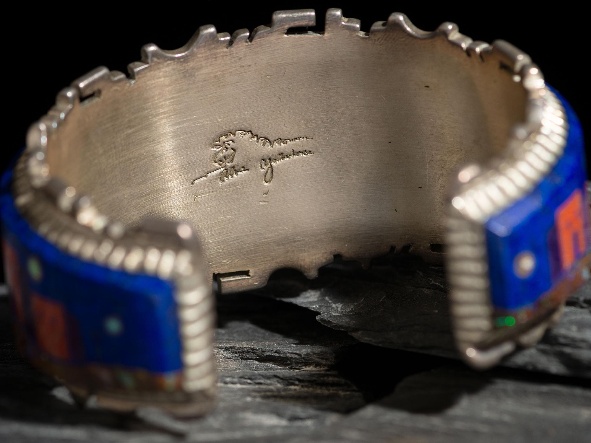 Sterling Silver Cuff Bracelet, with Mosaic Inlay Pueblo Scene