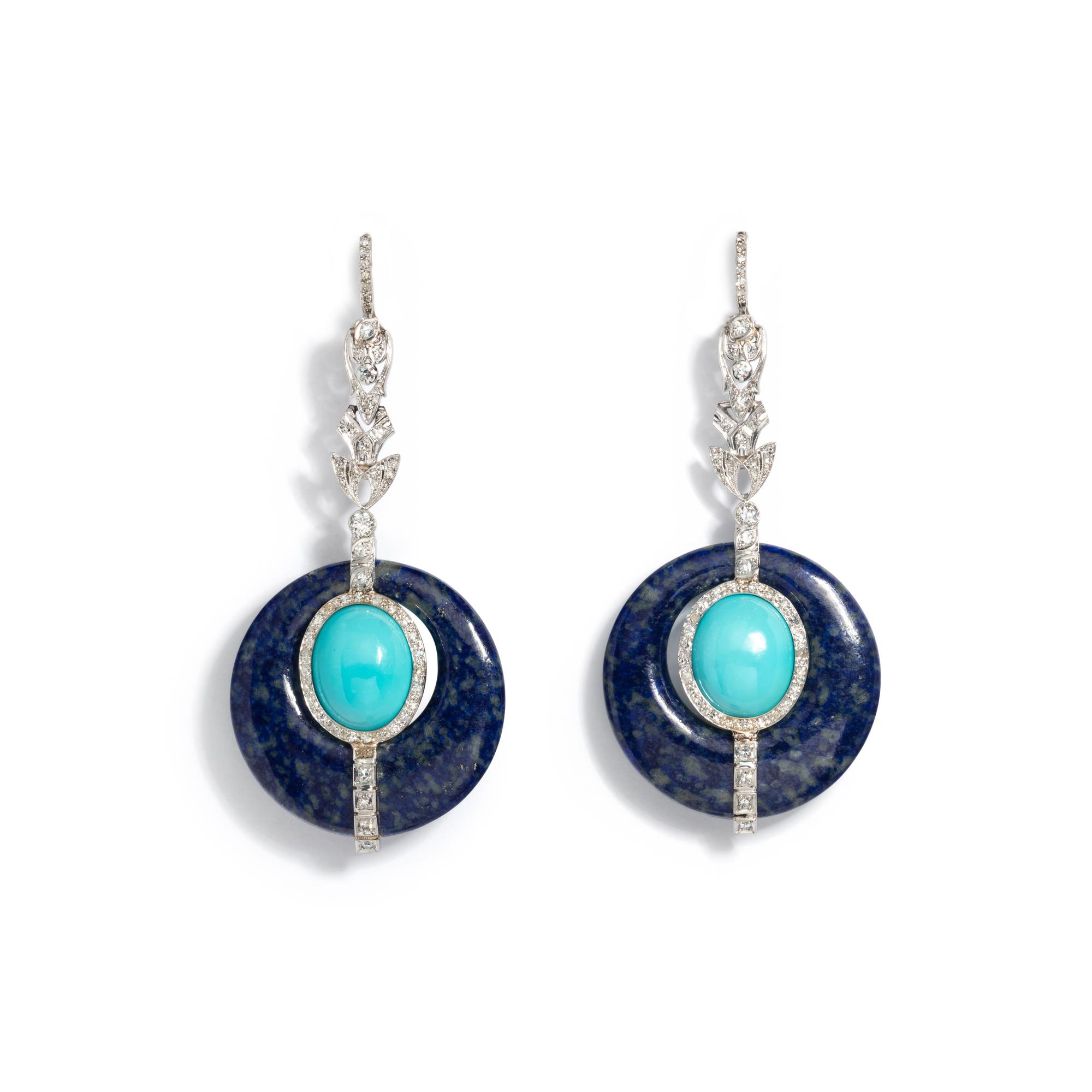 TURQUOISE, LAPIS LAZULI AND DIAMOND EARRINGS