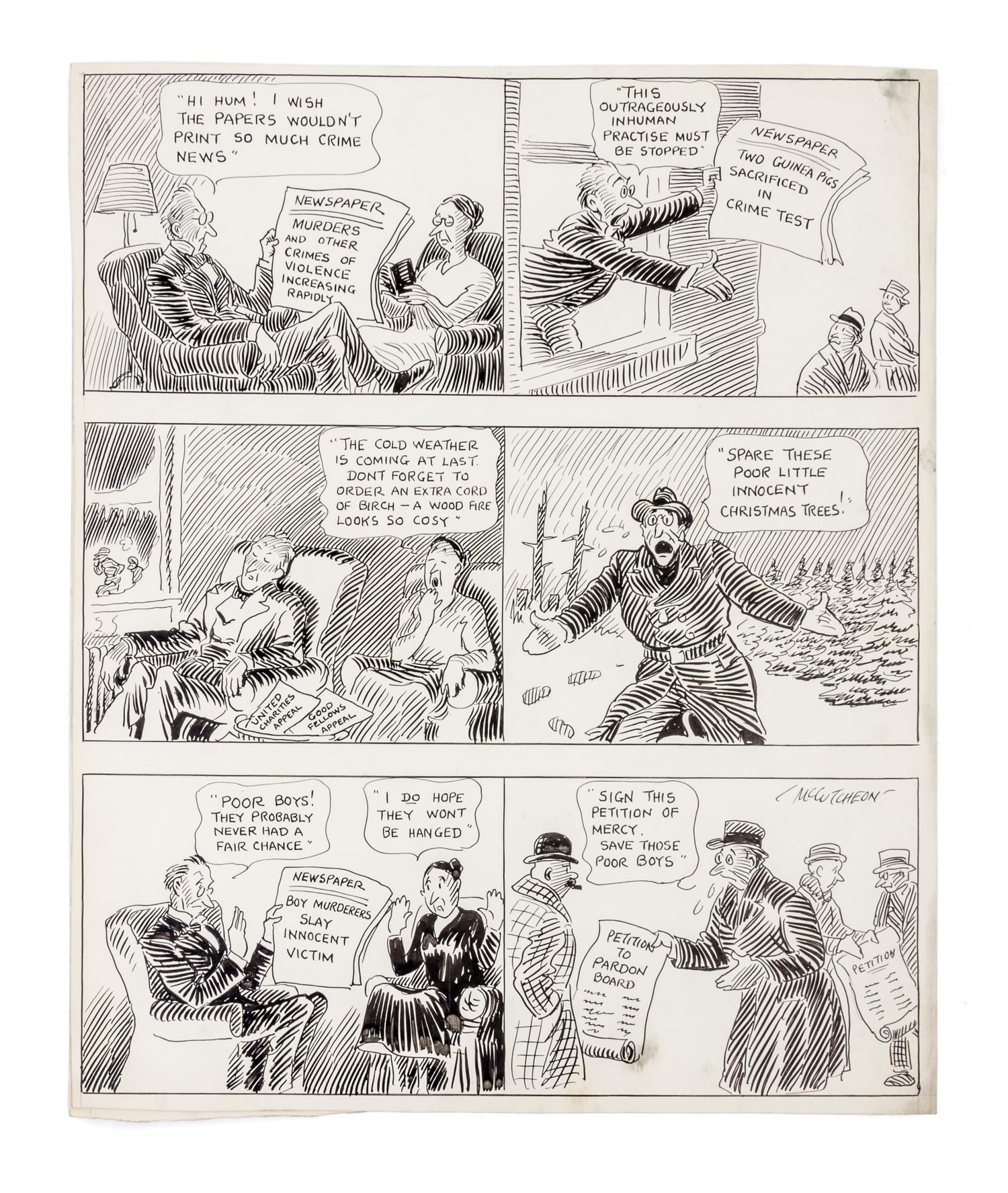 (CHICAGO) MCCUTCHEON, JOHN TINNEY. 6 original pen and ink illustrations for The Chicago Tribune re: crime, c. 1926-1931.