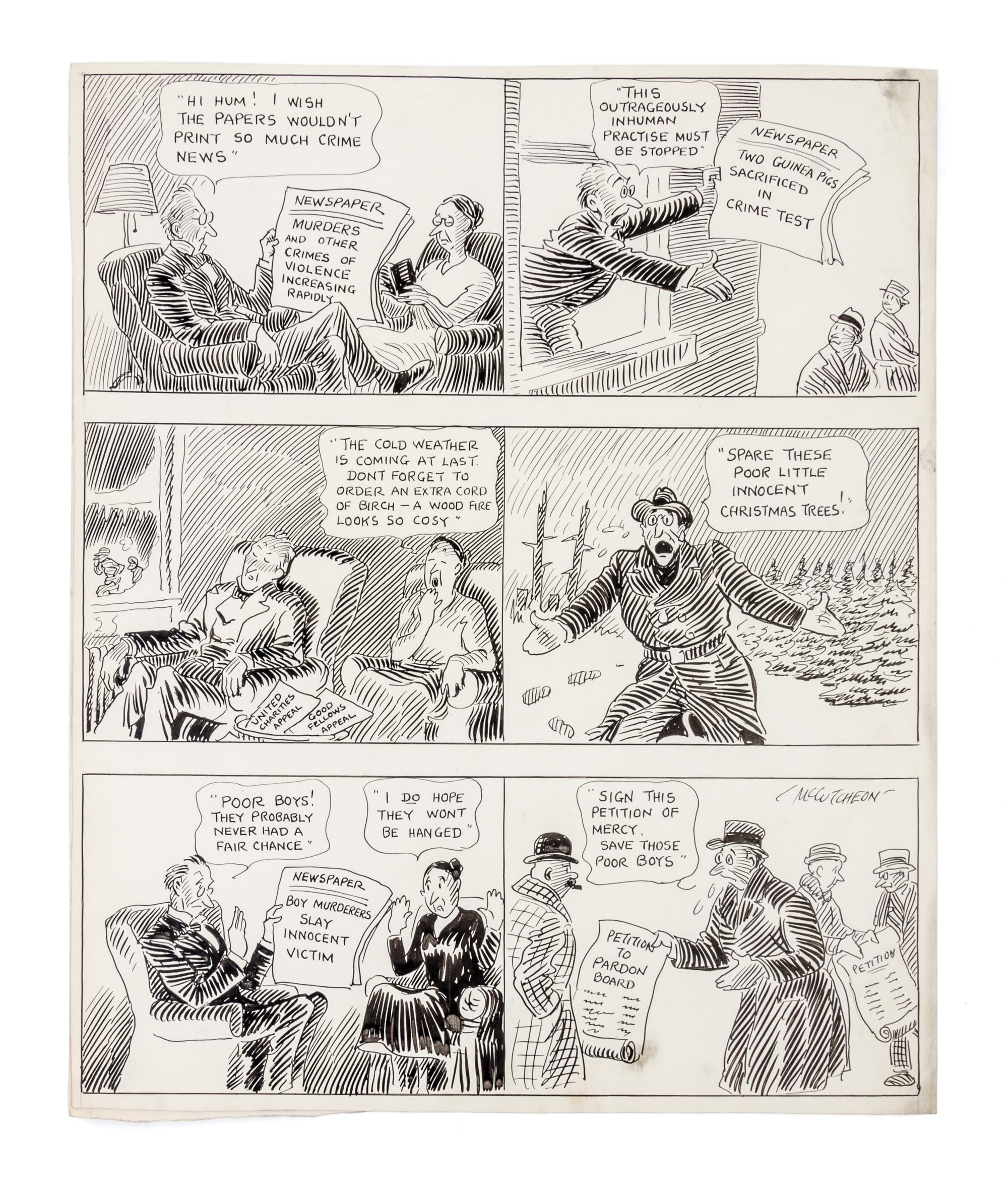 (CHICAGO) MCCUTCHEON, JOHN TINNEY. 6 original pen and ink illustrations for The Chicago Tribune re: crime, c. 1926-1931.