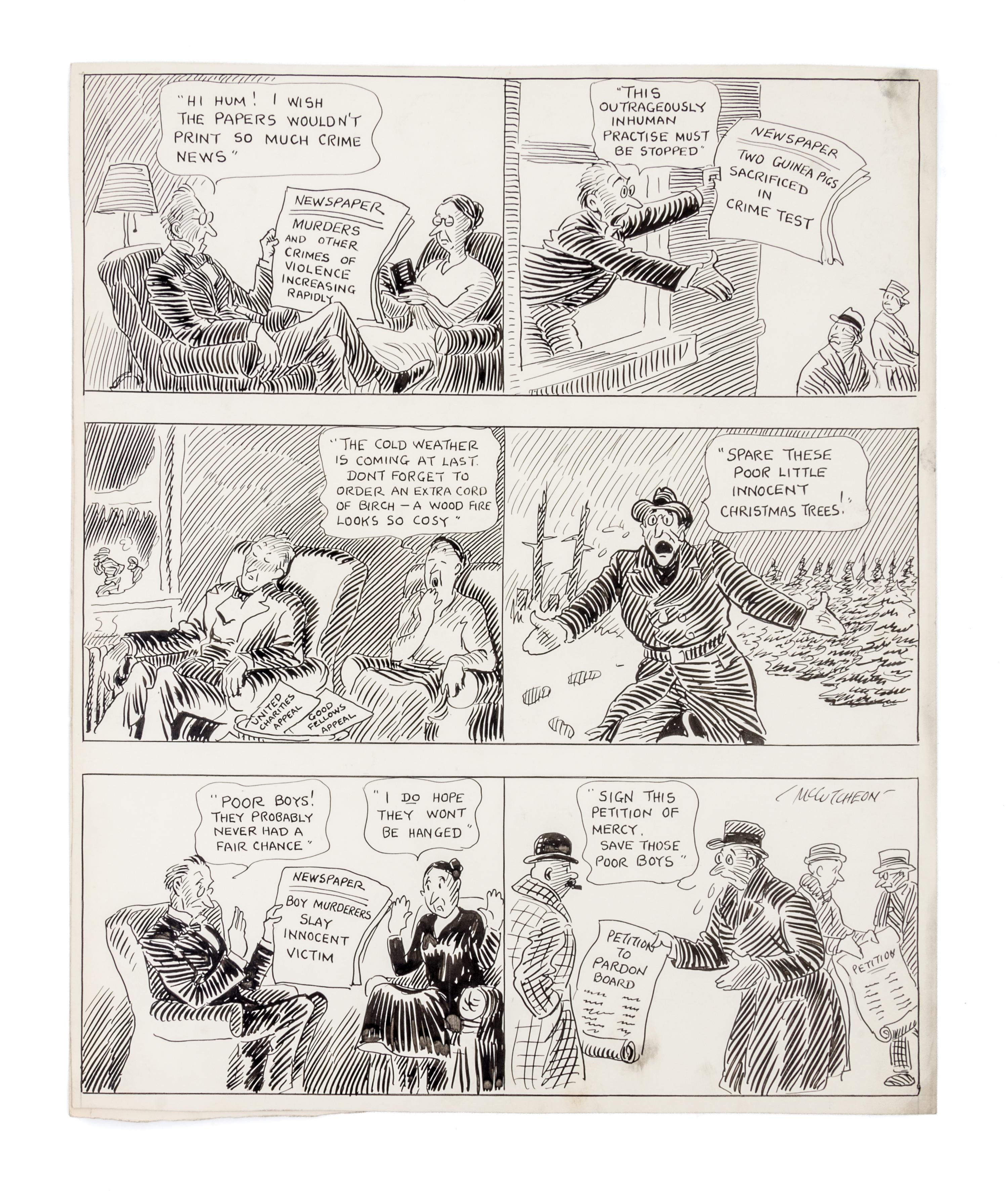(CHICAGO) MCCUTCHEON, JOHN TINNEY. 6 original pen and ink illustrations for The Chicago Tribune re: crime, c. 1926-1931.