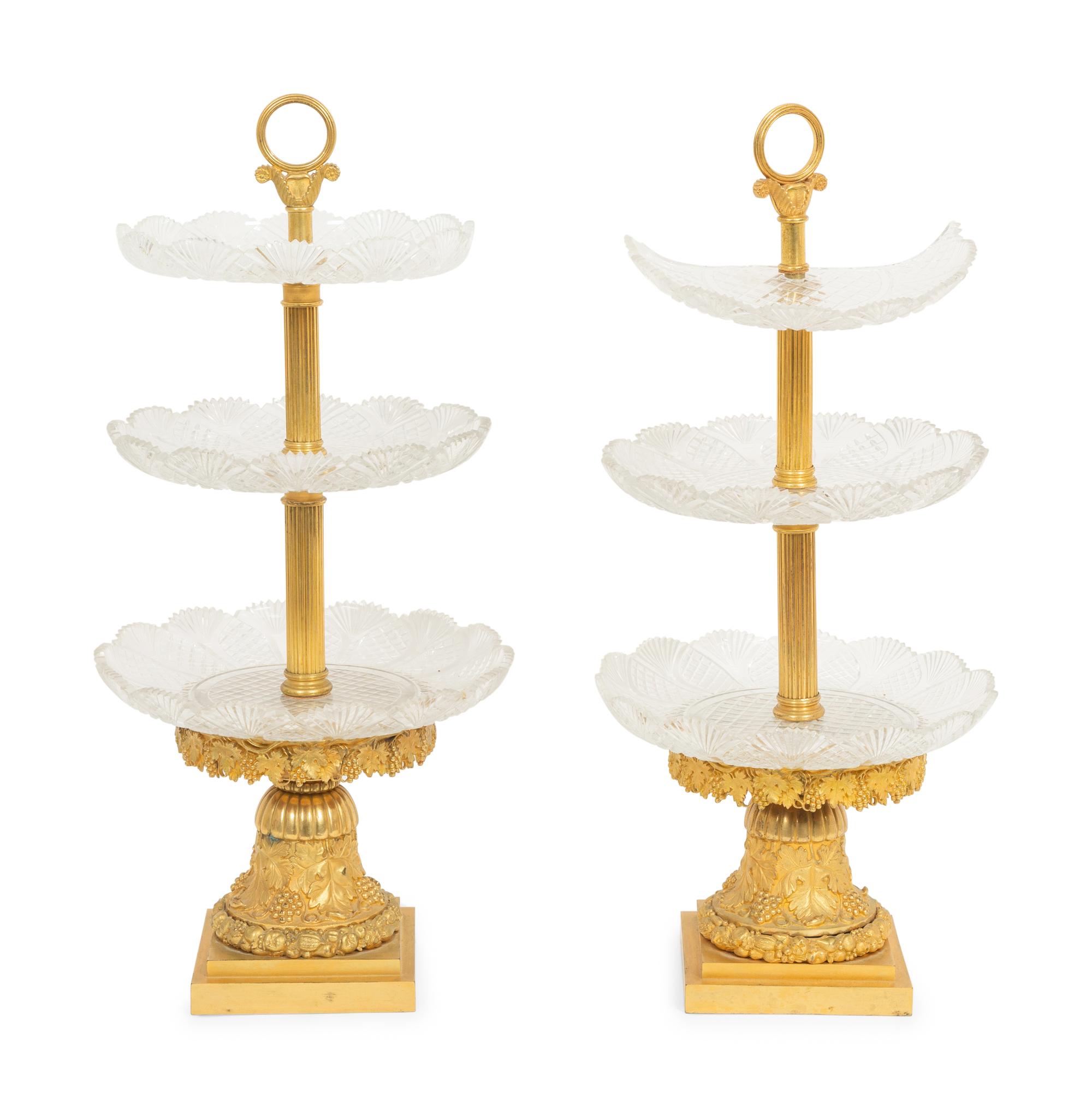 A Pair of Empire Gilt Bronze and Cut Glass Centres de Surtout de Table