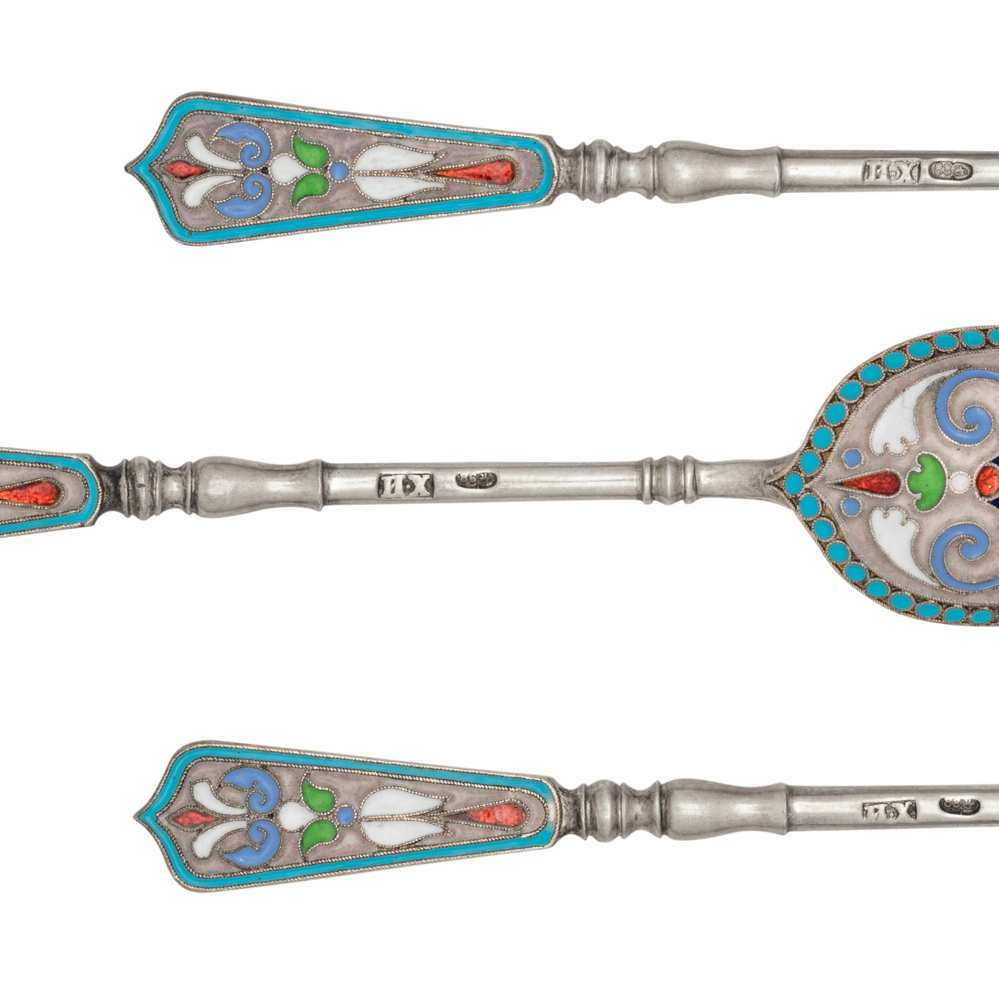 A Set of Russian Enameled Silver Coffee Spoons