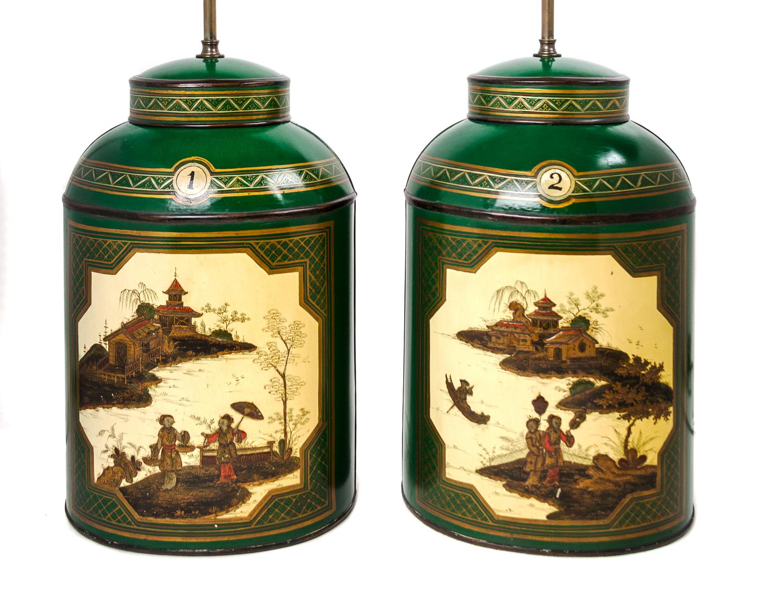 A Pair of Tole Canisters Height 17 1/2 inches. — EARLY 20TH CENTURY