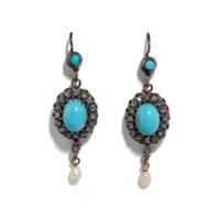 ANTIQUE, DIAMOND, TURQUOISE, AND SEED PEARL EARRINGS