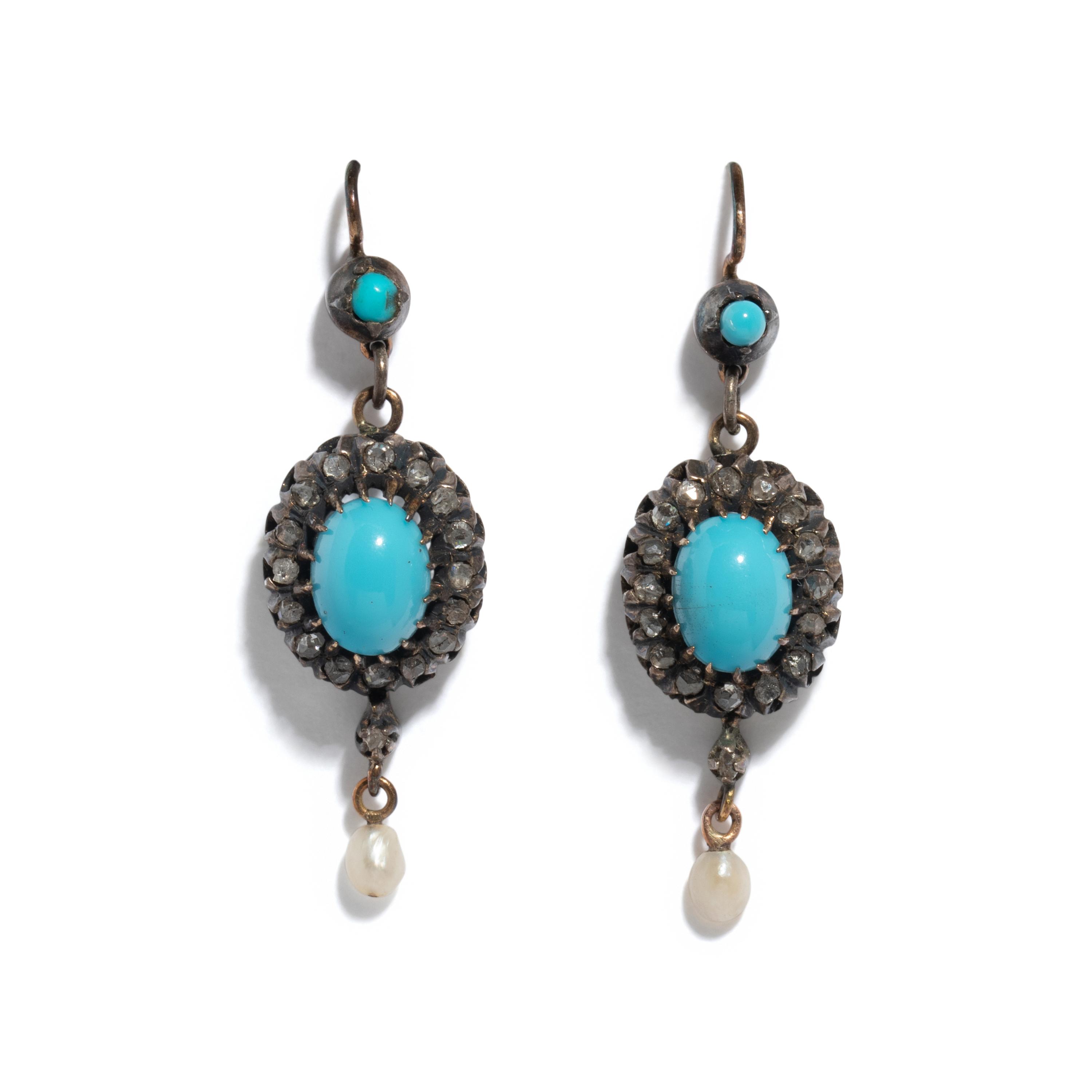 ANTIQUE, DIAMOND, TURQUOISE, AND SEED PEARL EARRINGS