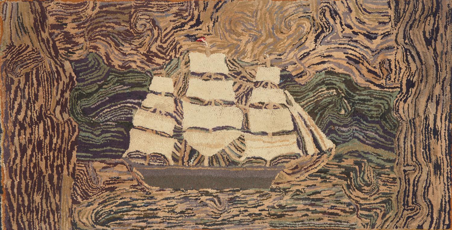 A Wool Hooked Rug Depicting a Three-Masted Ship
