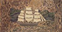 A Wool Hooked Rug Depicting a Three-Masted Ship