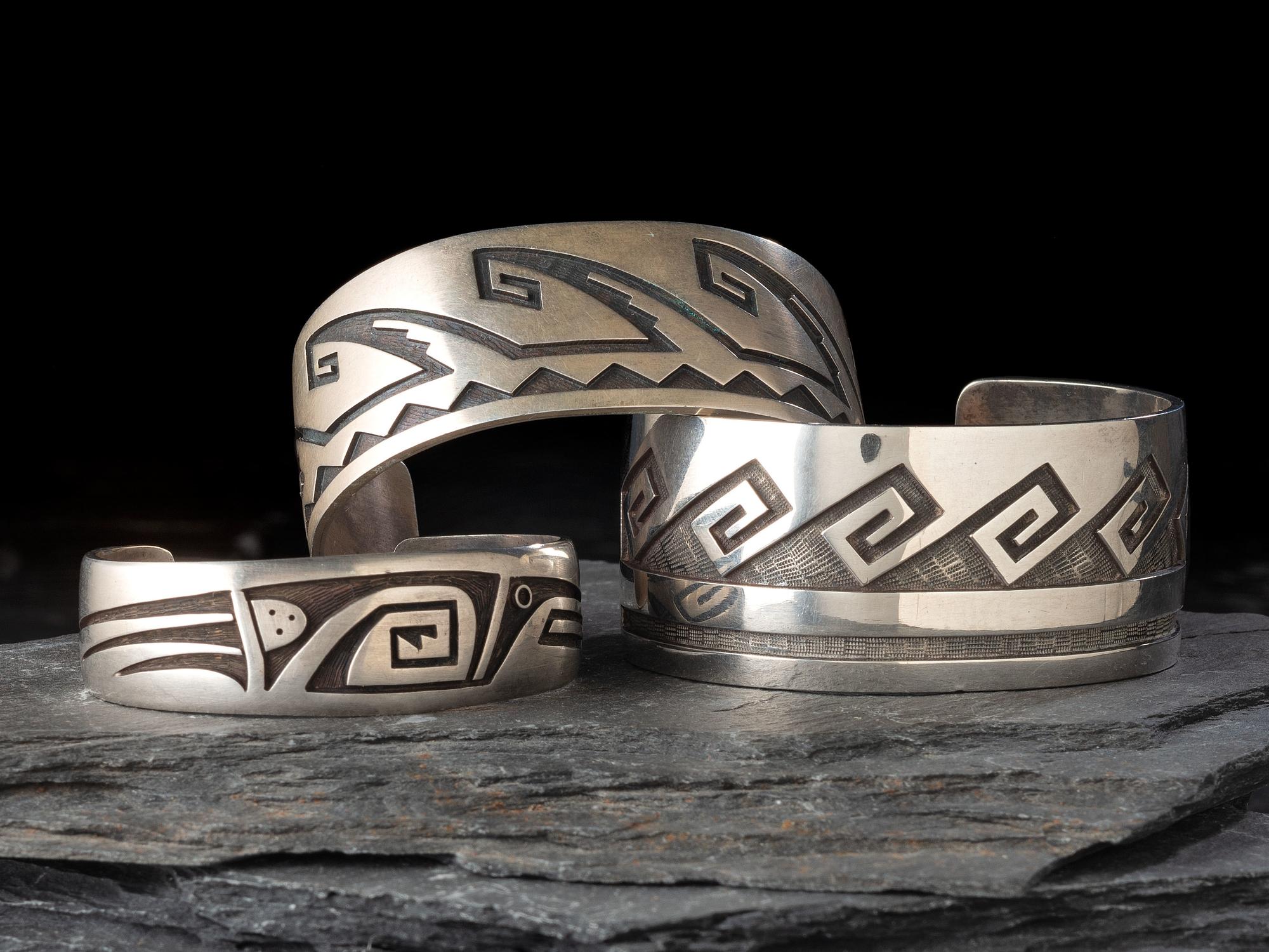 Group of Hopi Silver Overlay Cuff Bracelets