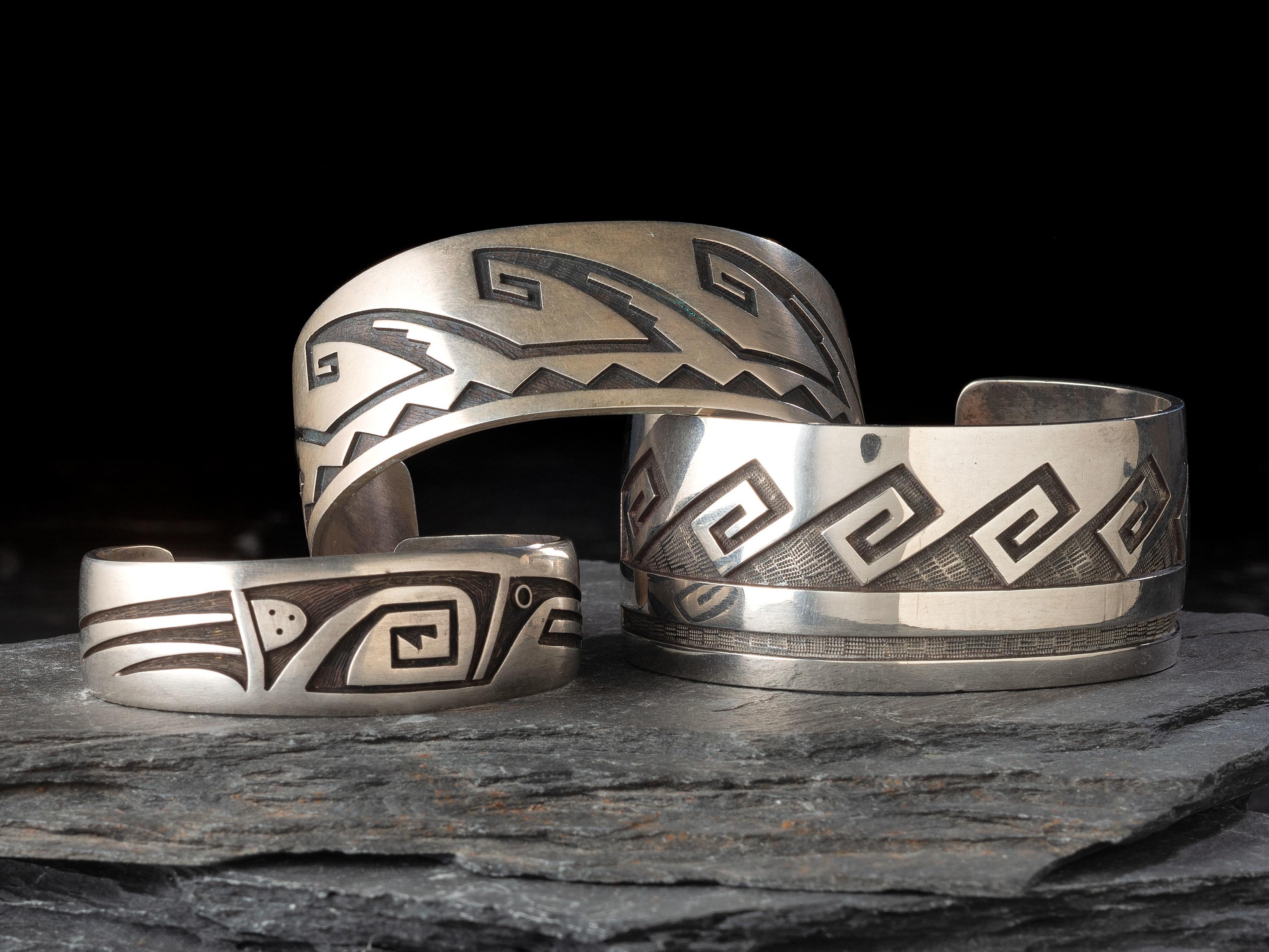 Group of Hopi Silver Overlay Cuff Bracelets