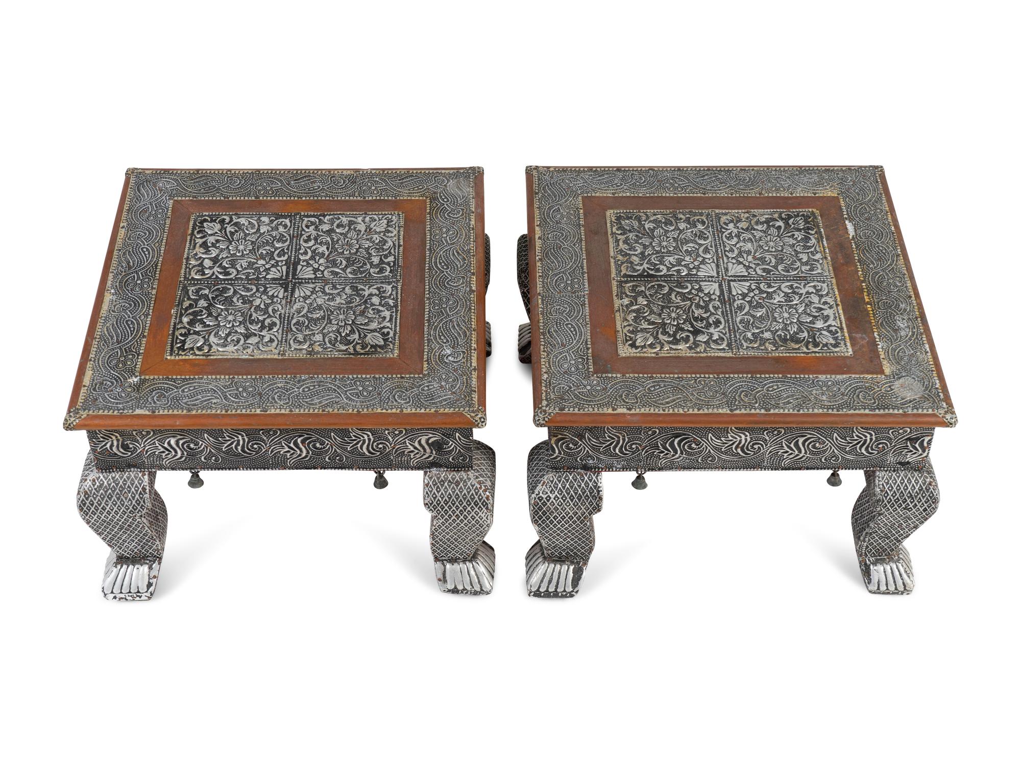 A Pair of Indian Silvered Metal-Sheathed Footstools