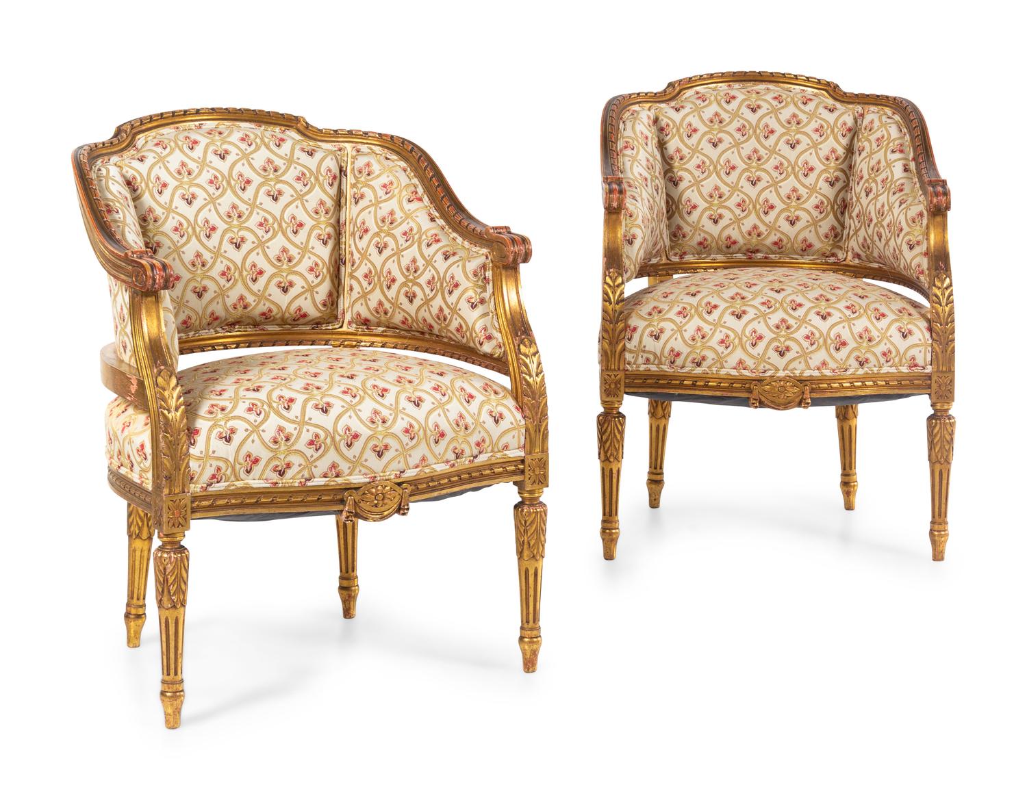 A Pair of Louis XVI Style Giltwood Bergeres