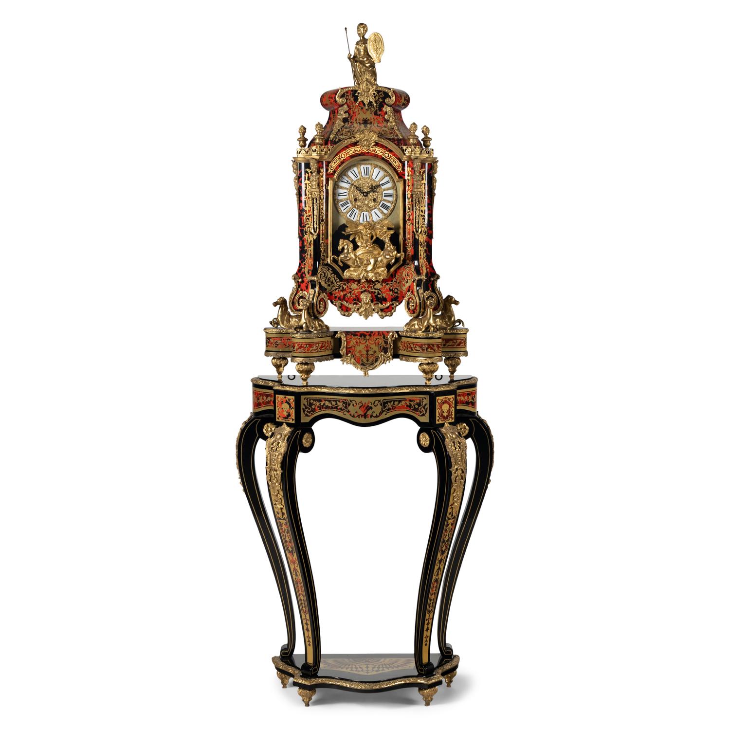 A Large Louis XIV Style Boulle Marquetry and Gilt Metal Mounted Clock and Stand