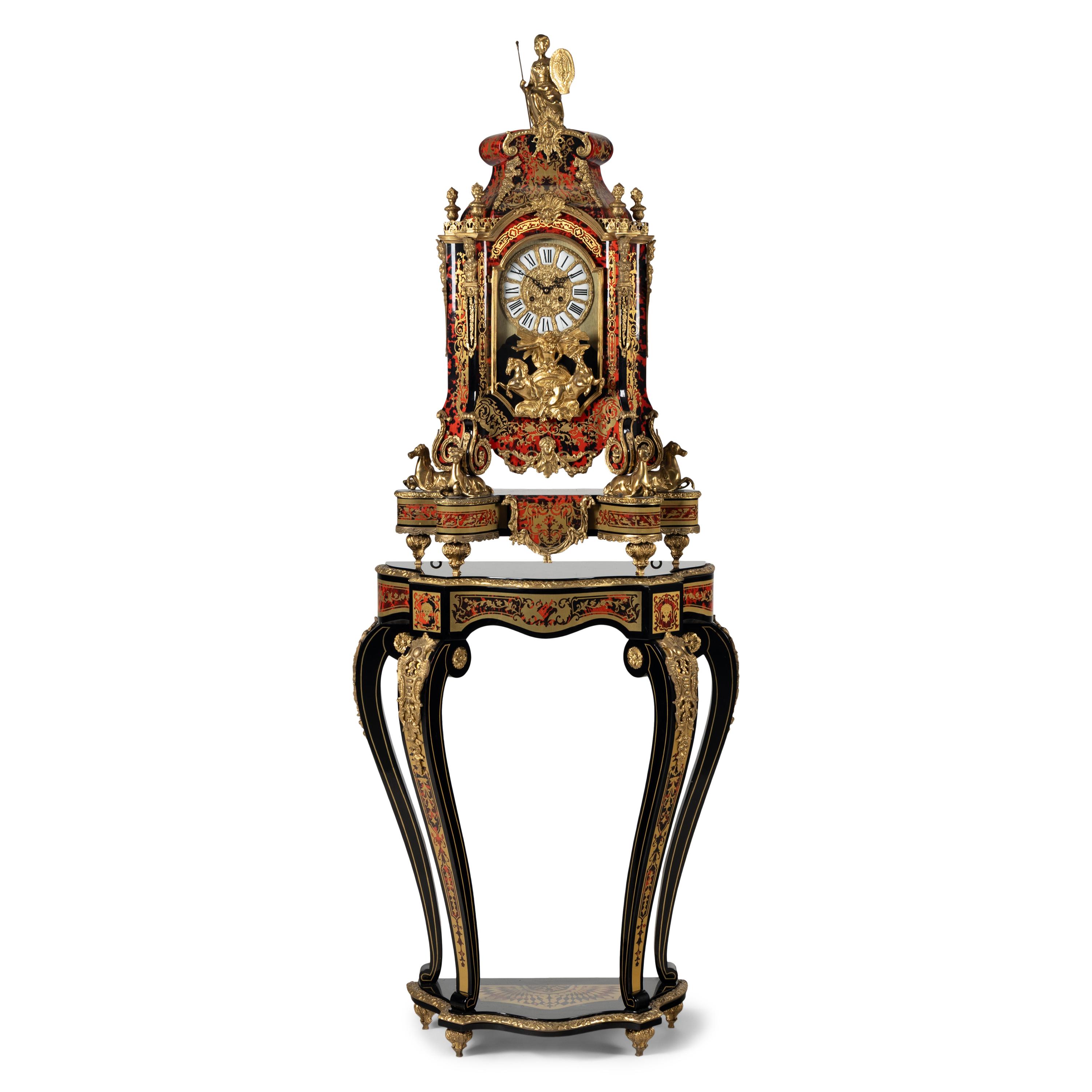 A Large Louis XIV Style Boulle Marquetry and Gilt Metal Mounted Clock and Stand