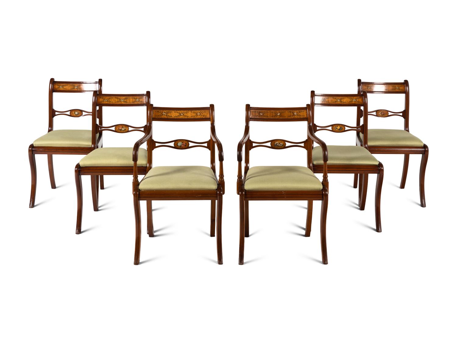 A Set of Six Regency Style Painted Satinwood Chairs