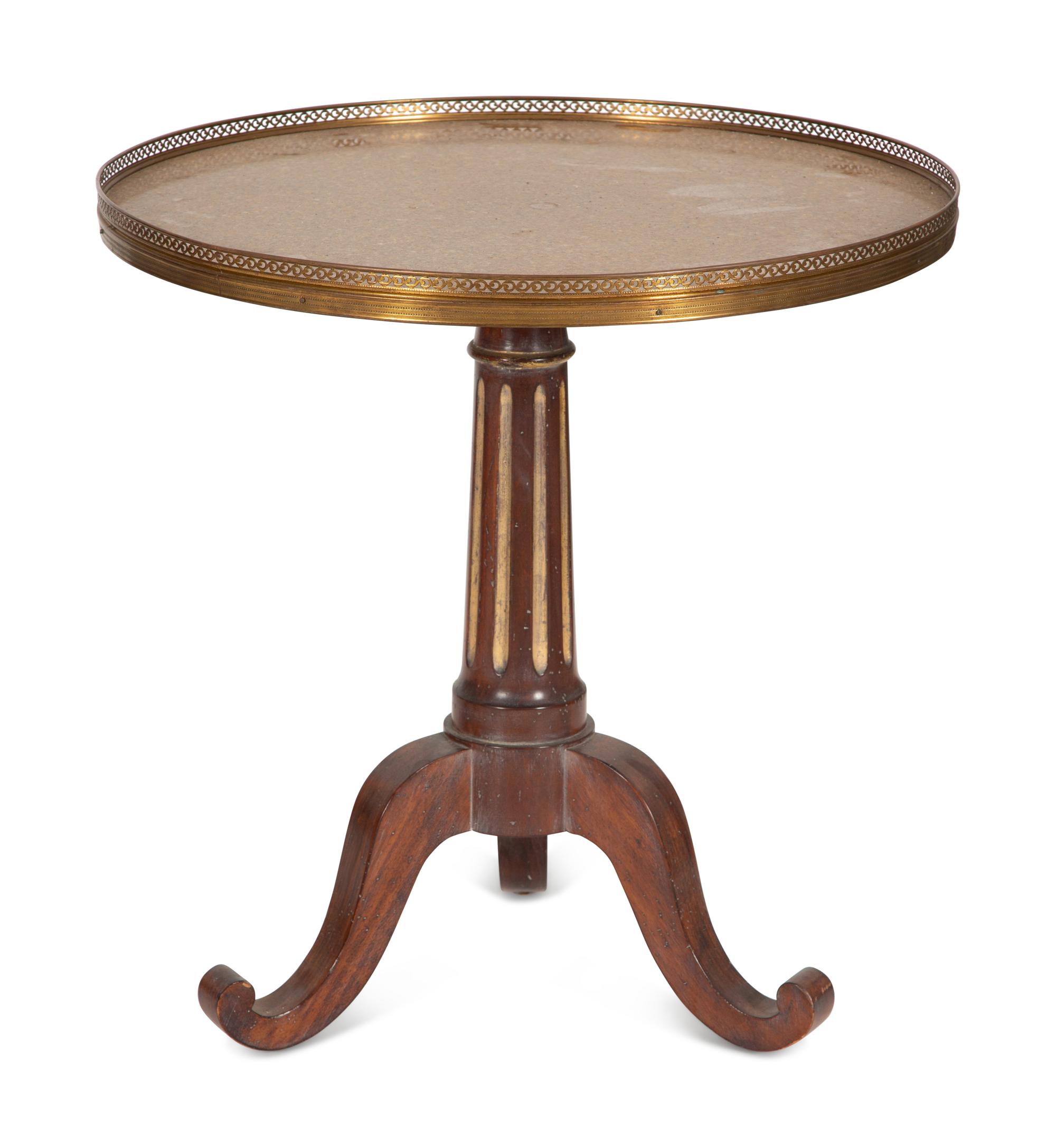 A Pair of French Empire Style Mahogany and Parcel Gilt Gueridons with Faux Granite Tops