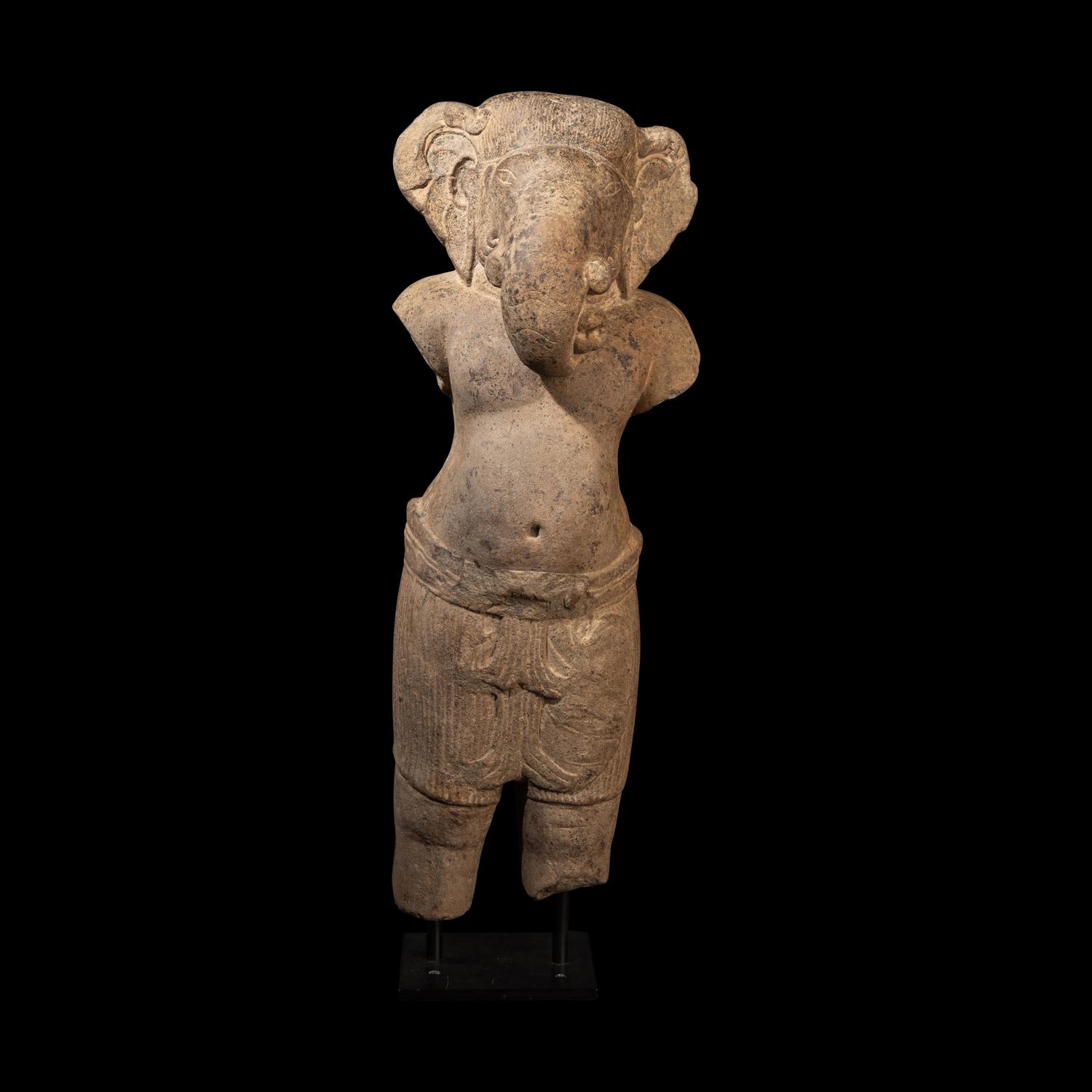 A Khmer Grey Sandstone Figure of Ganesha, Angkor Period, 10th-11th Century 十-十一世紀 吳哥窟灰沙岩象鼻天立像