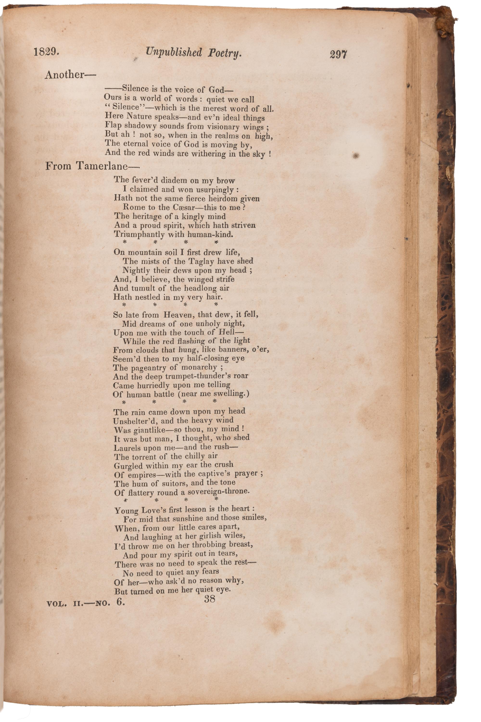 [POE, Edgar Allan (1809-1849)]. [Review of "Fairyland"] pp. 168. -- [Review of "Al Aaraaf" and "Tamerlane"] pp. 295-298. In: The Yankee; and Boston Literary Gazette. No. 79. New Series. John NEAL, editor. N.p.: N.p., July 1829 - November 1829.