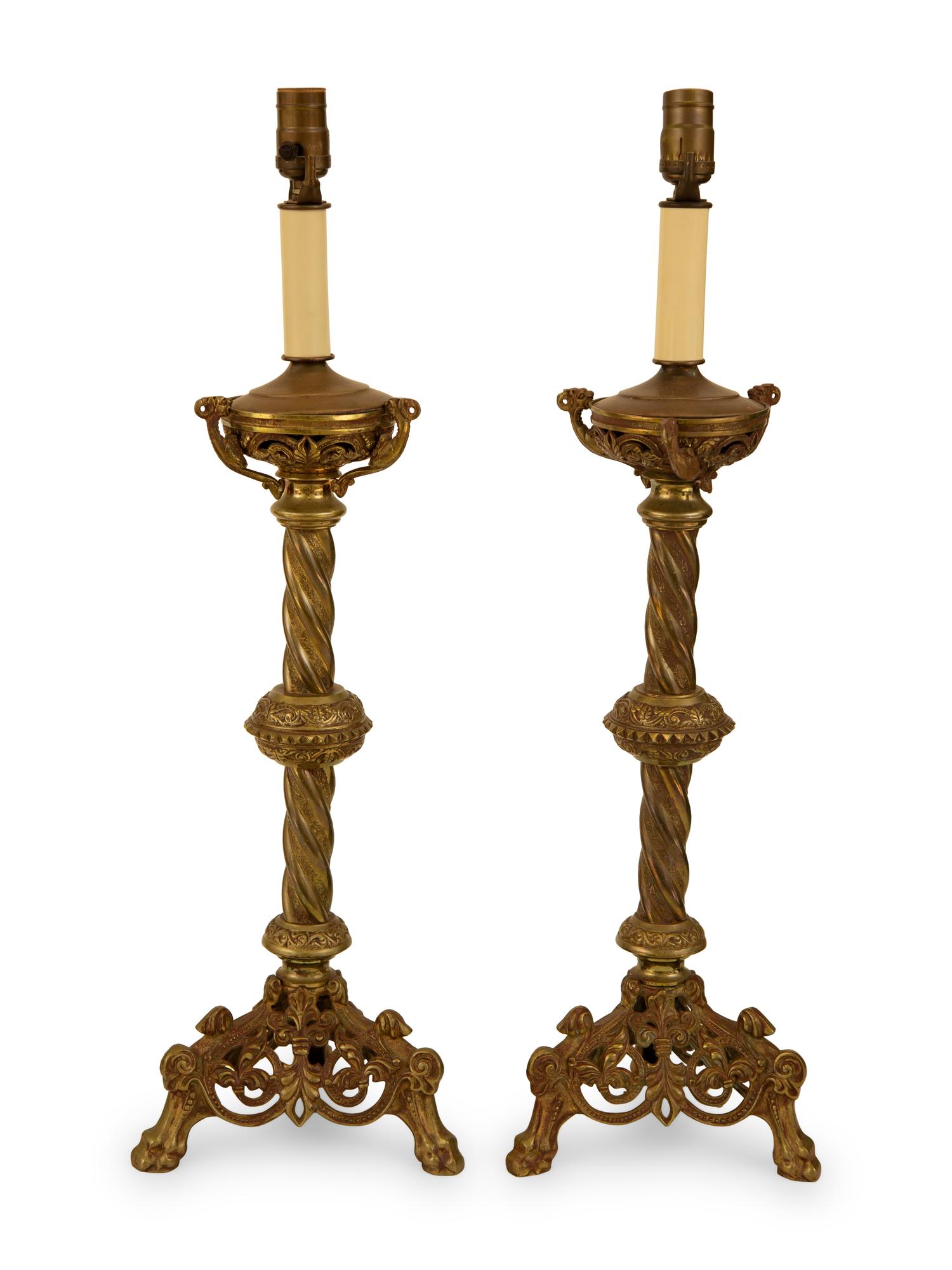 A Pair of Baroque Style Patinated Brass Pricket Sticks Mounted as Lamps