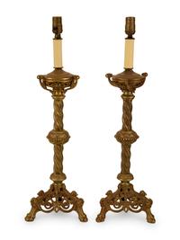 A Pair of Baroque Style Patinated Brass Pricket Sticks Mounted as Lamps