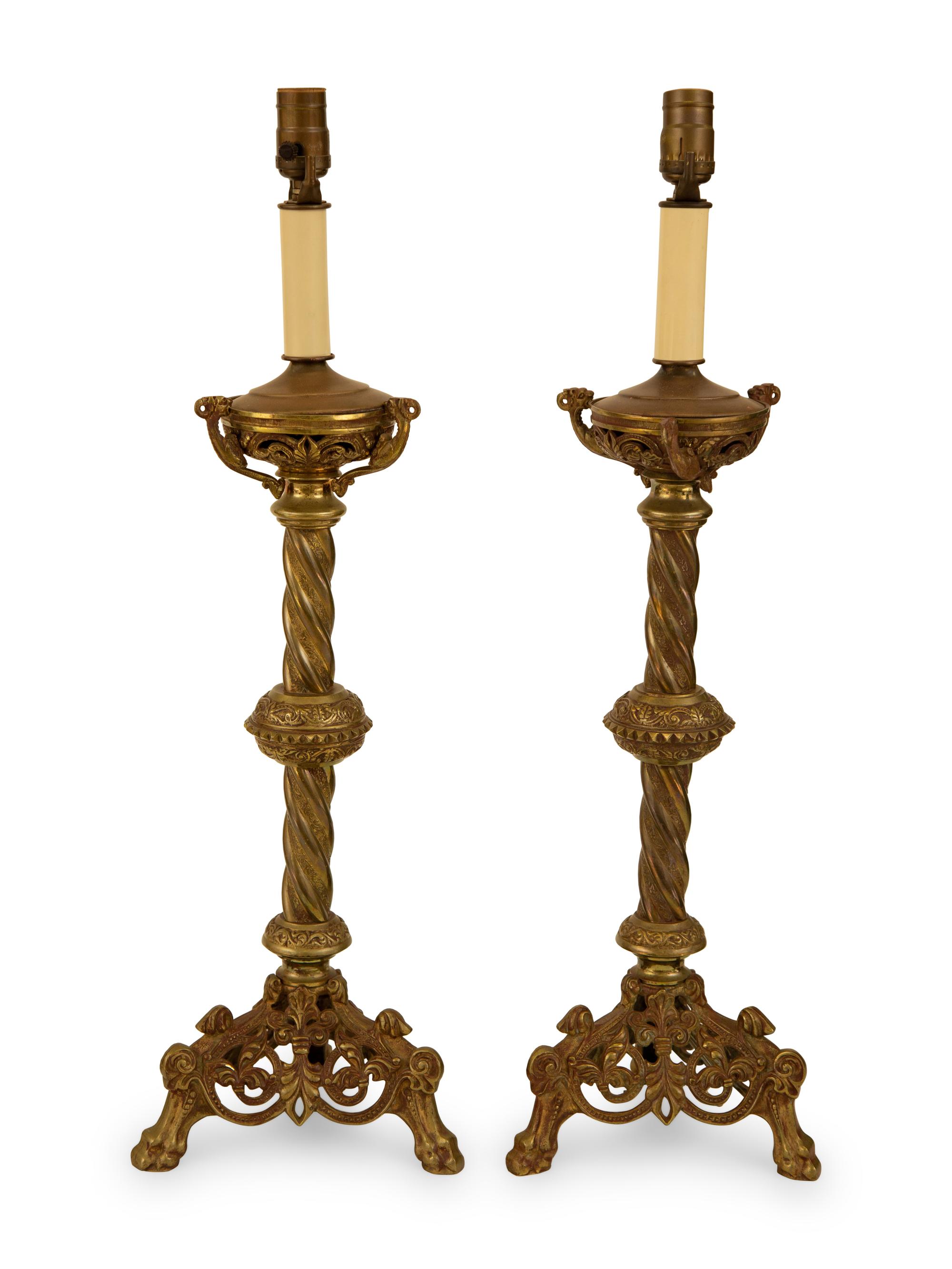 A Pair of Baroque Style Patinated Brass Pricket Sticks Mounted as Lamps