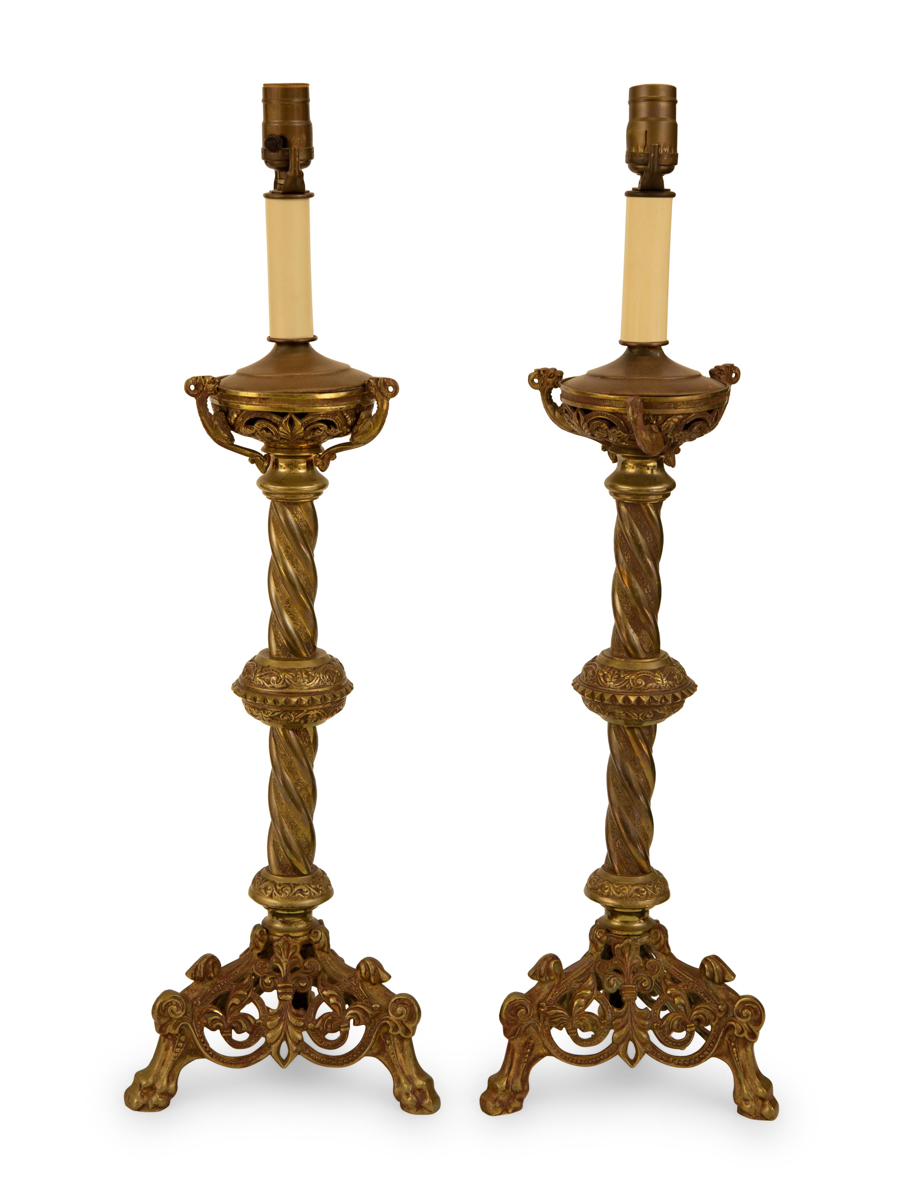 A Pair of Baroque Style Patinated Brass Pricket Sticks Mounted as Lamps