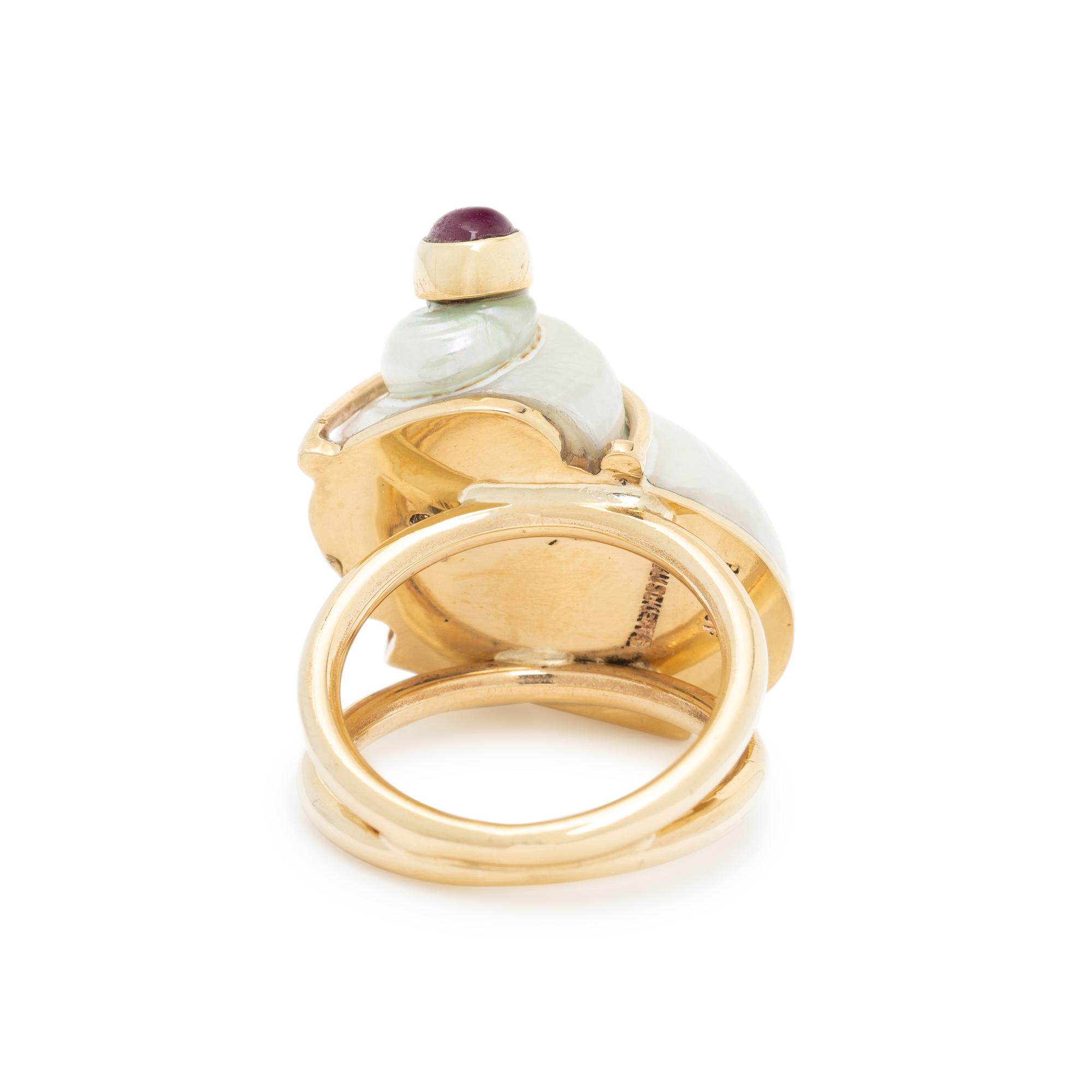 SEAMAN SCHEPPS, TURBO SHELL, RUBY, SAPPHIRE, AND YELLOW GOLD RING
