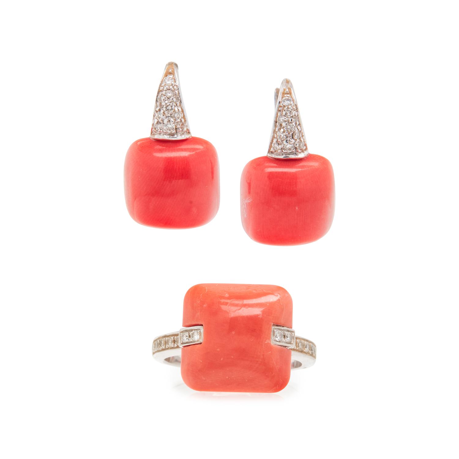 WHITE GOLD, CORAL AND DIAMOND SET