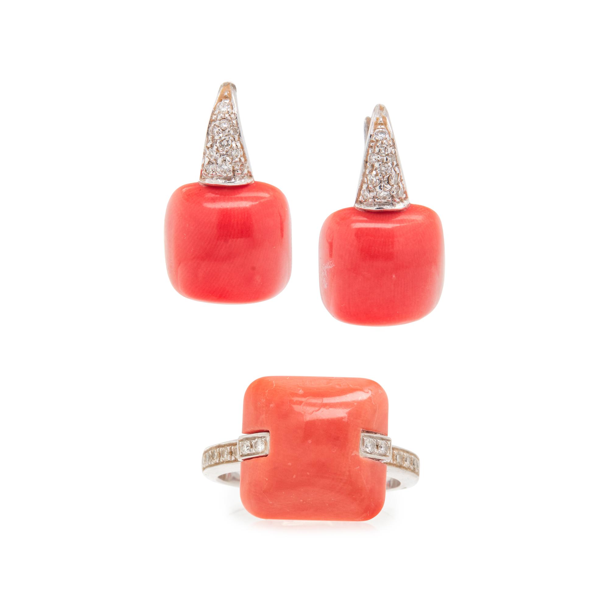 WHITE GOLD, CORAL AND DIAMOND SET